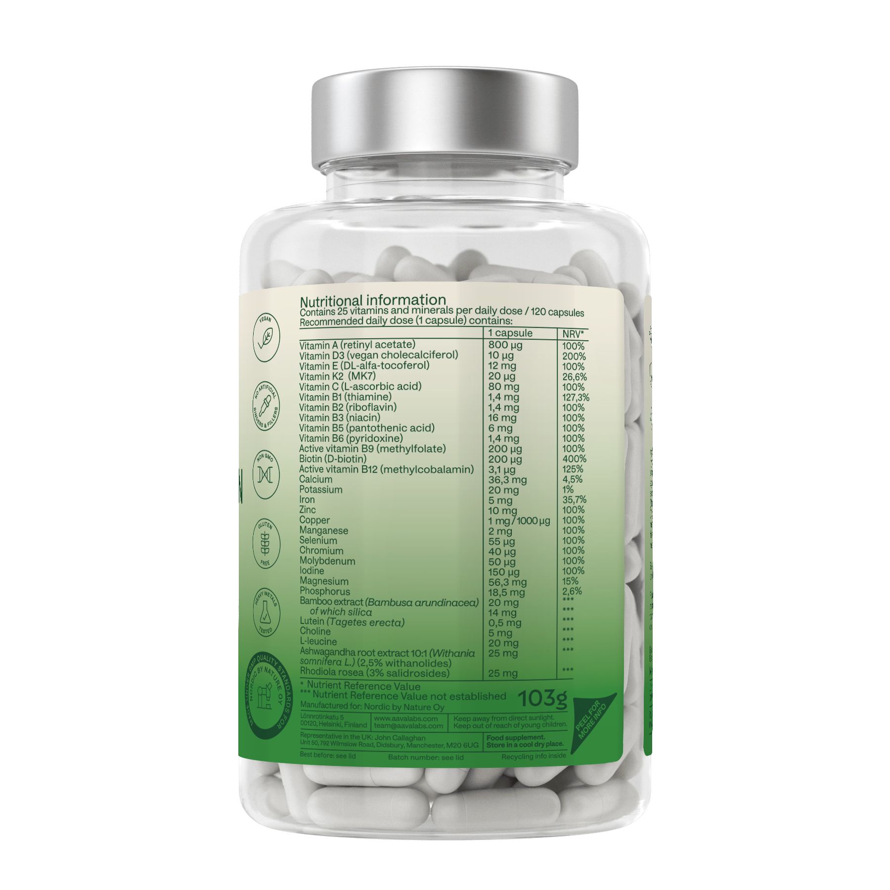 Rückseite der Flasche mit Nährwertinformationen. Enthält 25 Vitamine und Mineralien. Gewicht: 103g.