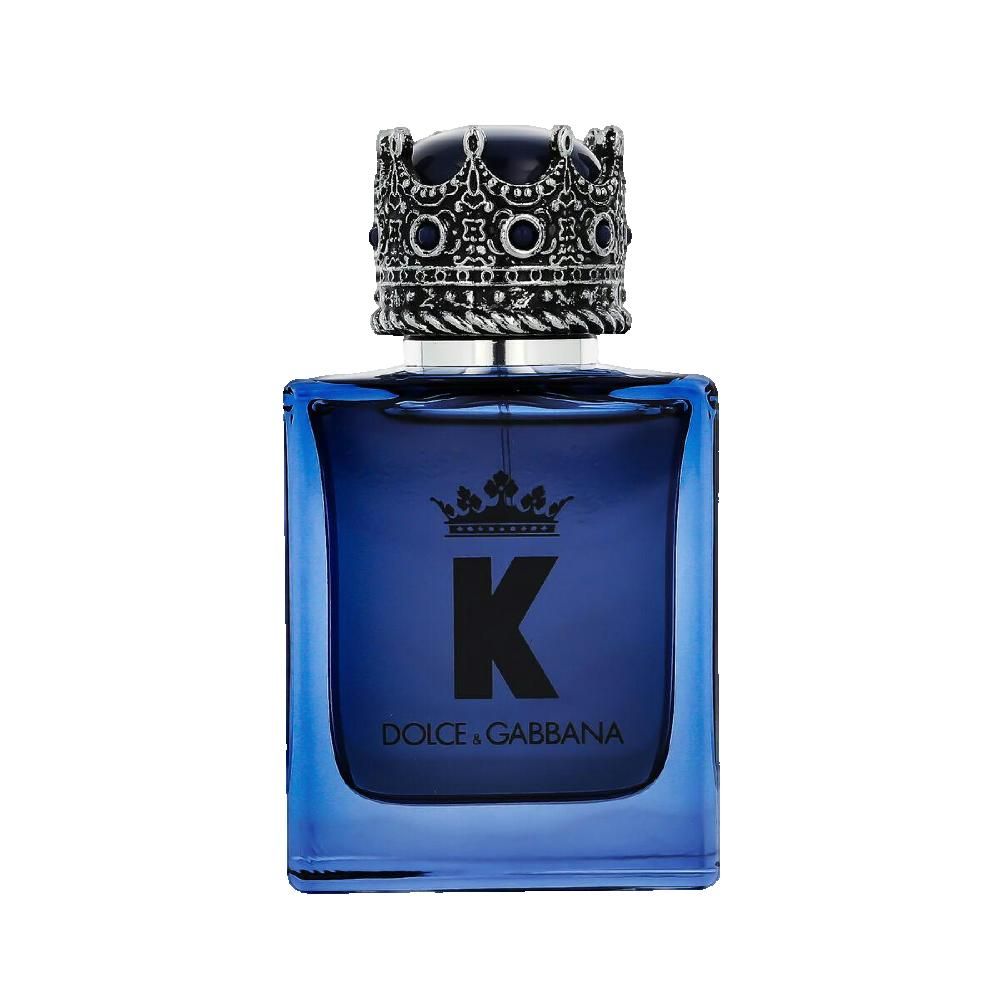 Blaues Parfümflakon mit silberner Kronenkappe. Schwarzes 'K' und Dolce & Gabbana-Logo auf der Vorderseite.