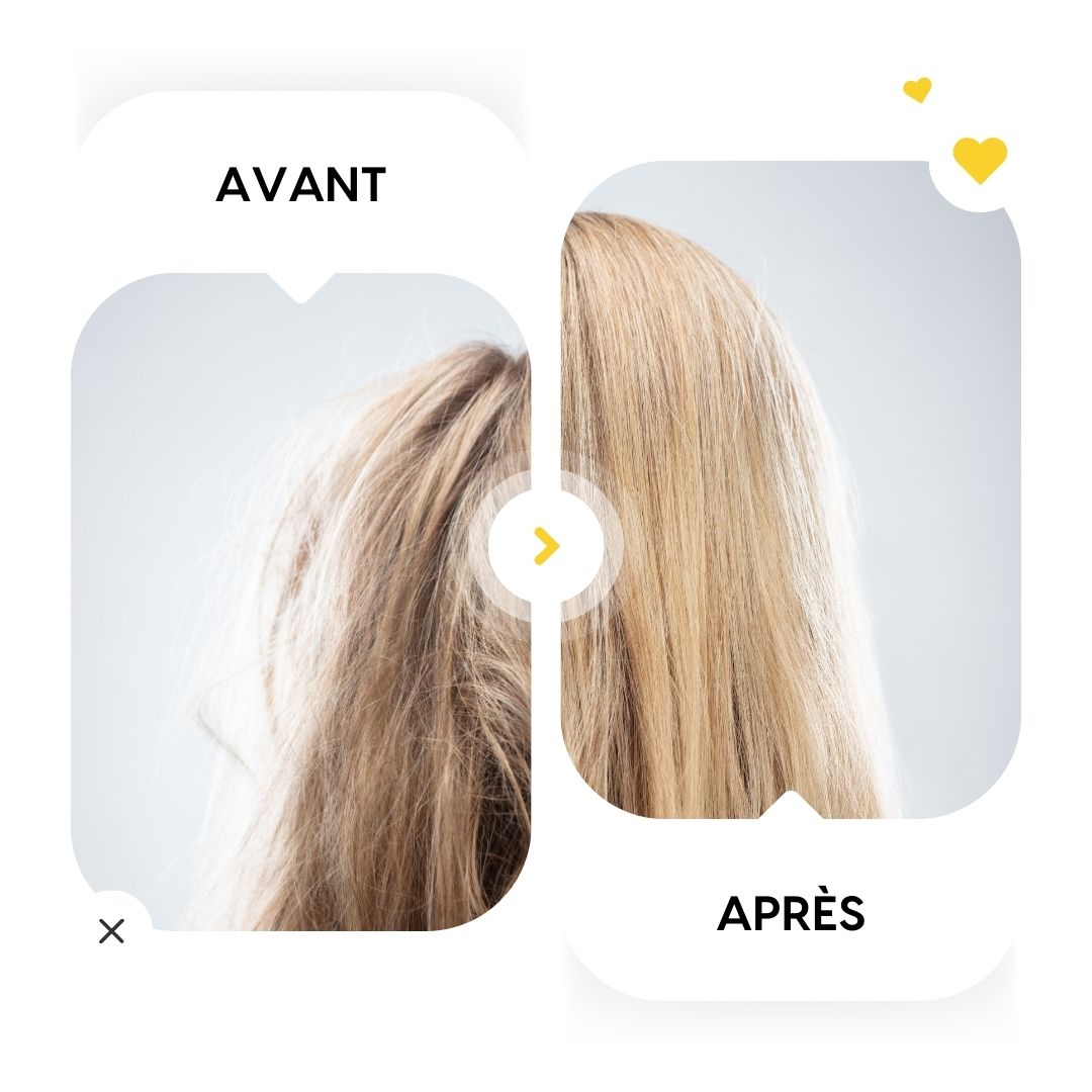 Comparaison avant-après de cheveux blonds. Gauche: cheveux abîmés. Droite: cheveux lisses et sains.