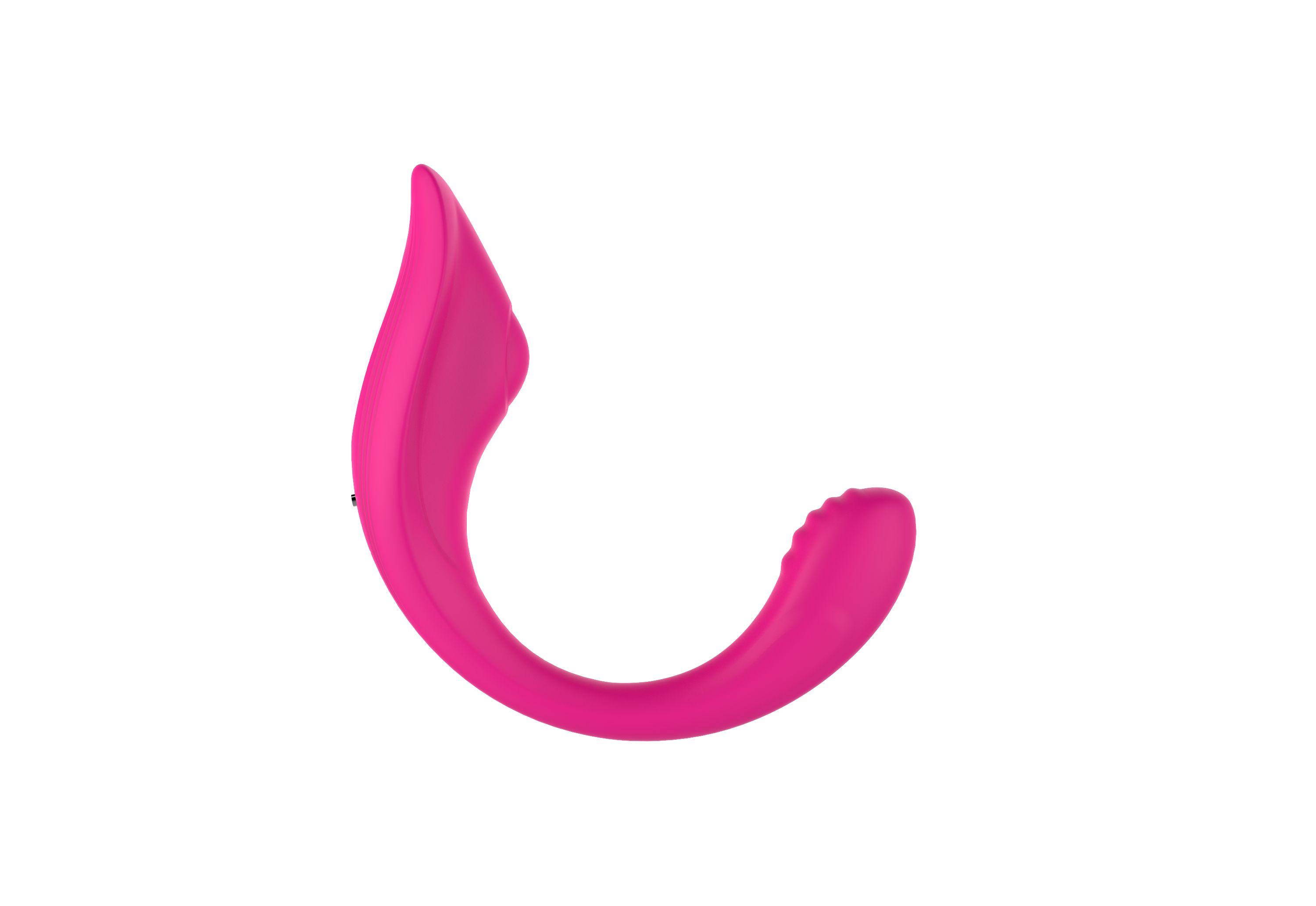 Rosa Vibrator mit gebogener Form. Oberteil mit abgerundeter Spitze. Unterteil mit geriffelter Oberfläche. Auf weißem Hintergrund.