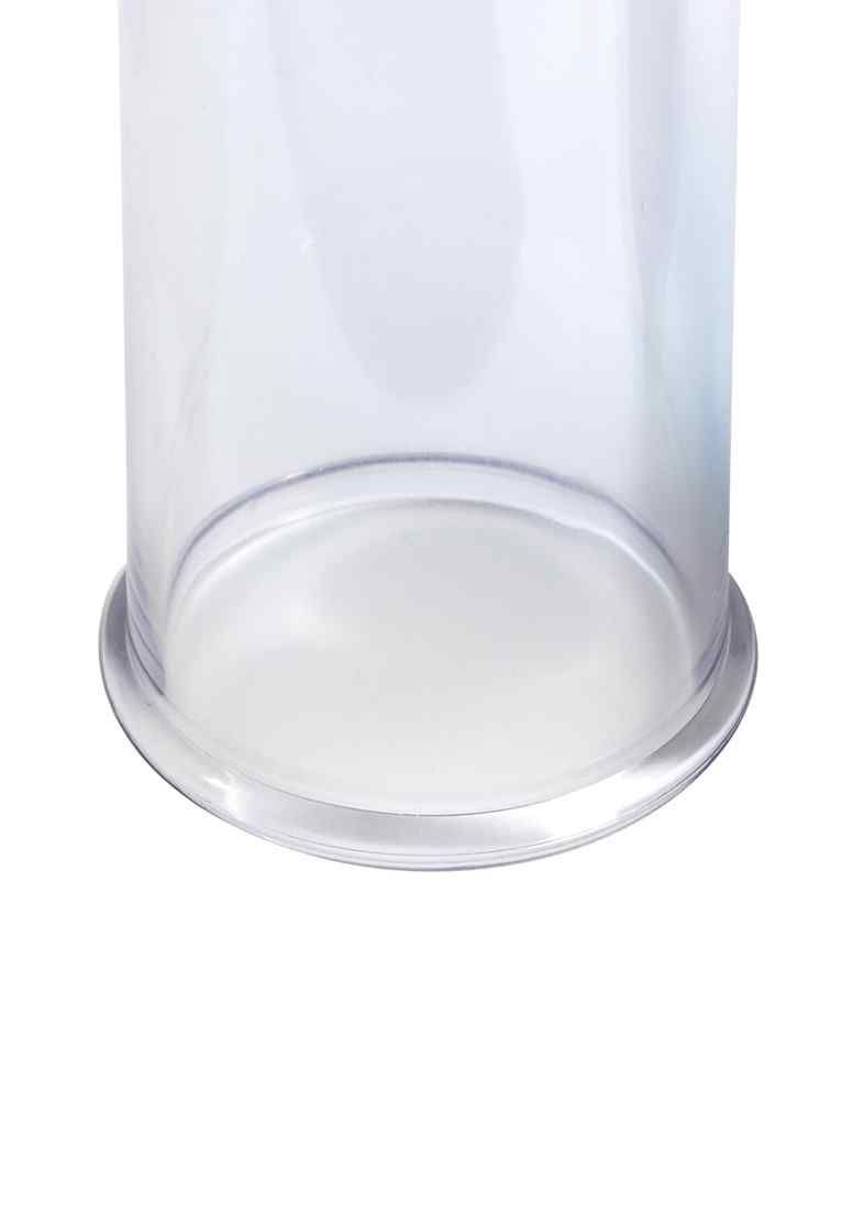 Nahaufnahme des Bodens eines transparenten Zylinders. Runde, transparente Basis.