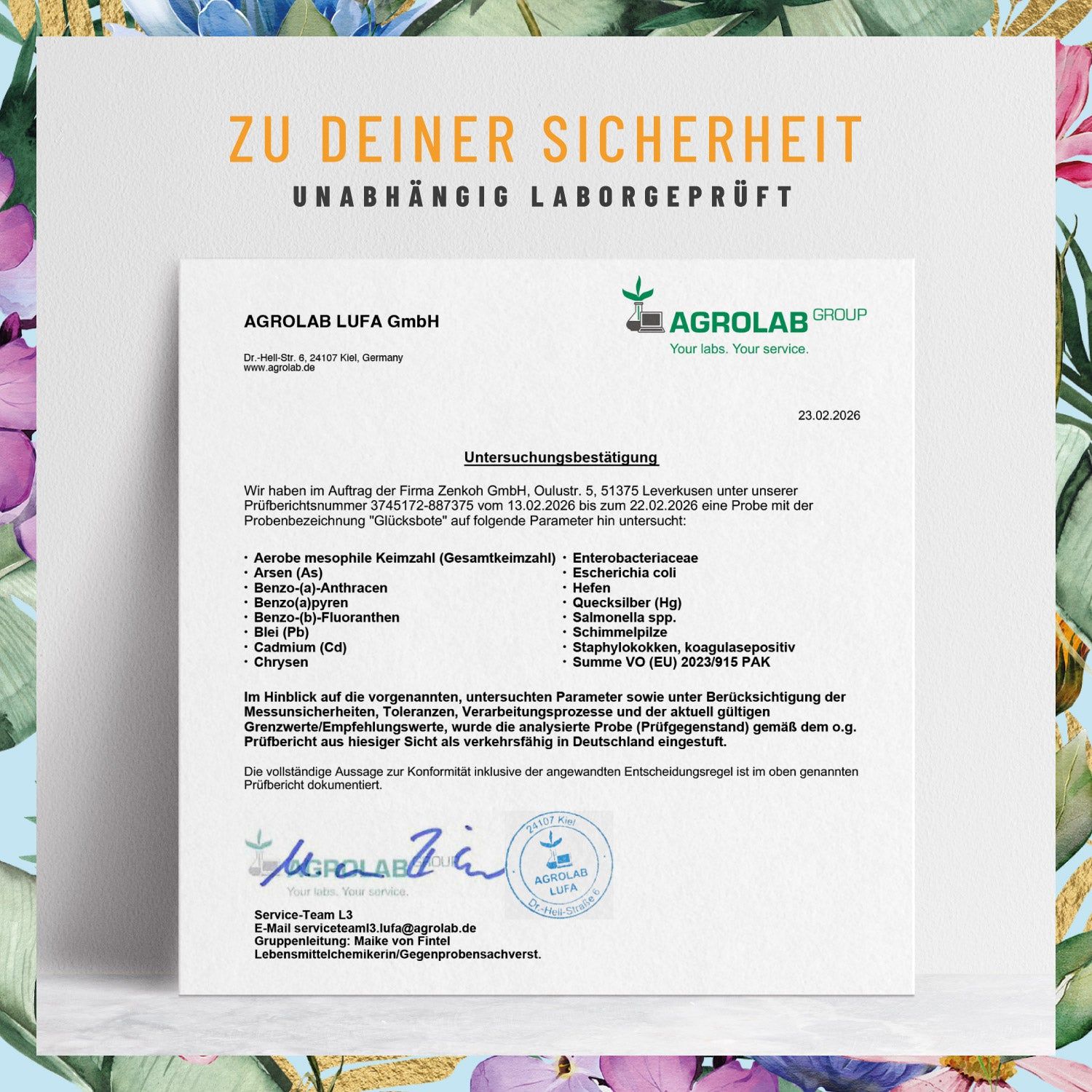 Zertifikat der Agrolab LUFA GmbH. Unterschriftsbestätigung. Angaben zu untersuchten Parametern.