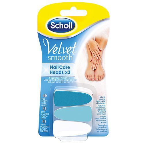 Scholl Velvet Smooth Nagelpflege Aufsätze x3. Drei Köpfe in Blau und Weiß. Verpackung mit Produktabbildung und Füßen.