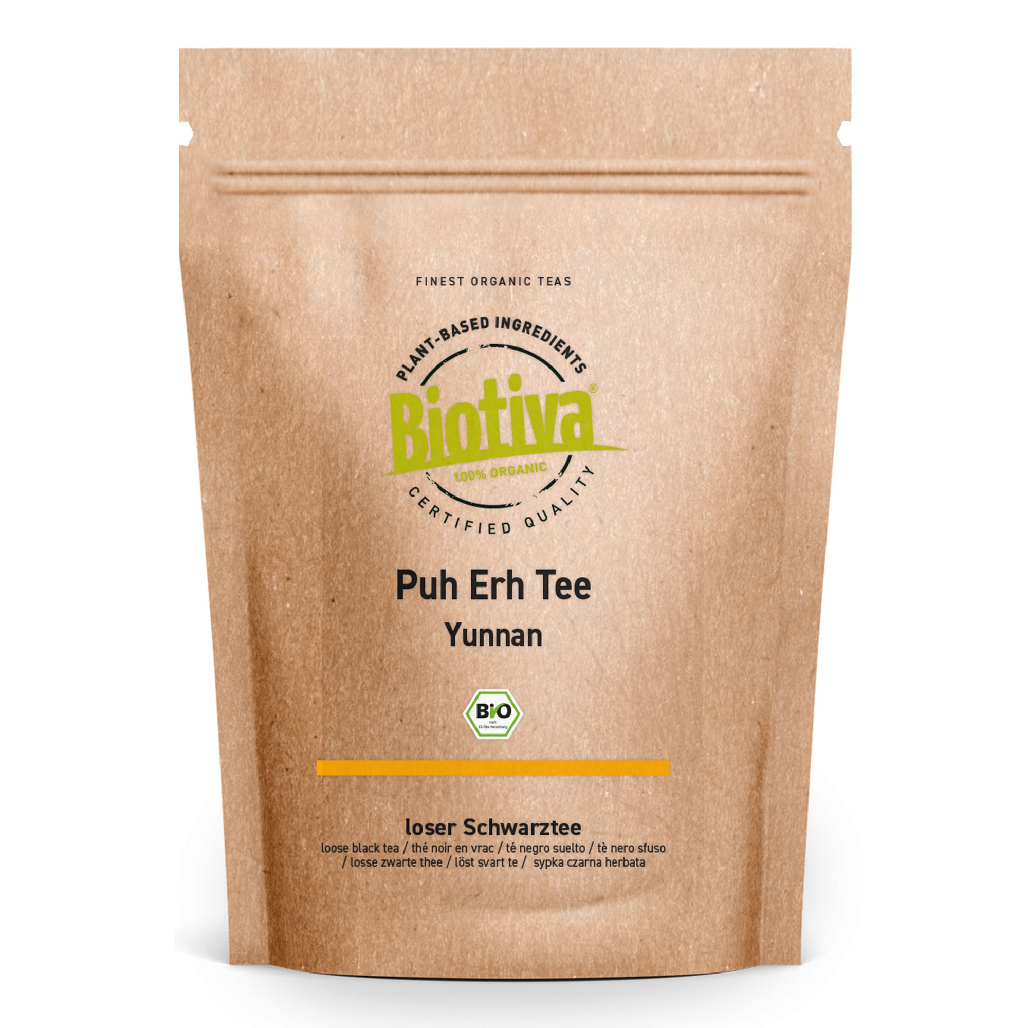 Braune Papiertüte mit Biotiva-Logo und Text: Puh Erh Tee Yunnan, Bio-Siegel. Loser Schwarztee.