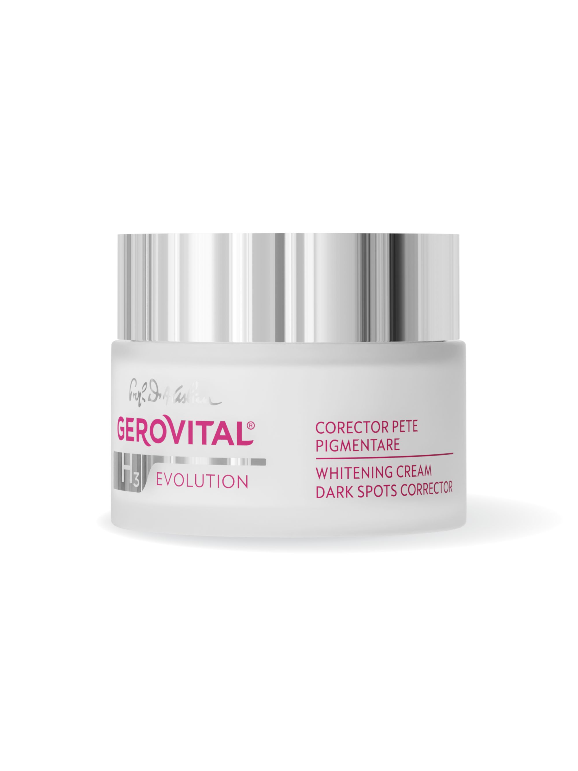 Creme-Tiegel mit silberfarbenem Deckel. Aufschrift: Gerovital H3 Evolution, Corrector Pete Pigmentare, Whitening Cream, Dark Spots Corrector.