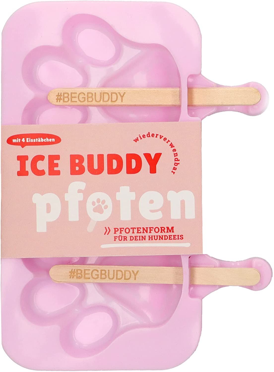 Rosa Eisform für Hunde Pfote mit 4 Eisstäbchen. Text: ICE BUDDY Pfoten, #BEGBUDDY.