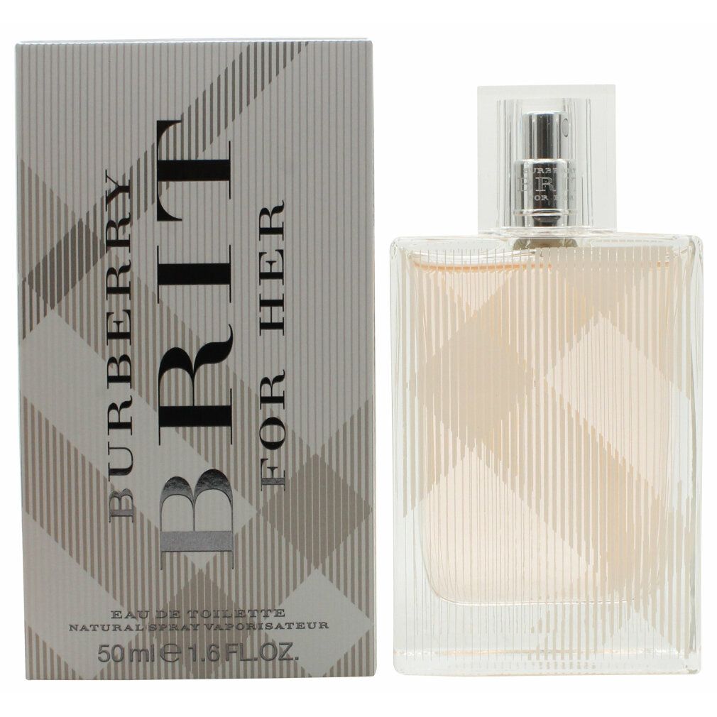 Parfümflasche und Schachtel. Aufschrift: Burberry Brit for Her. Eau de Toilette. 50ml. Hellgraue Verpackung mit Karomuster.