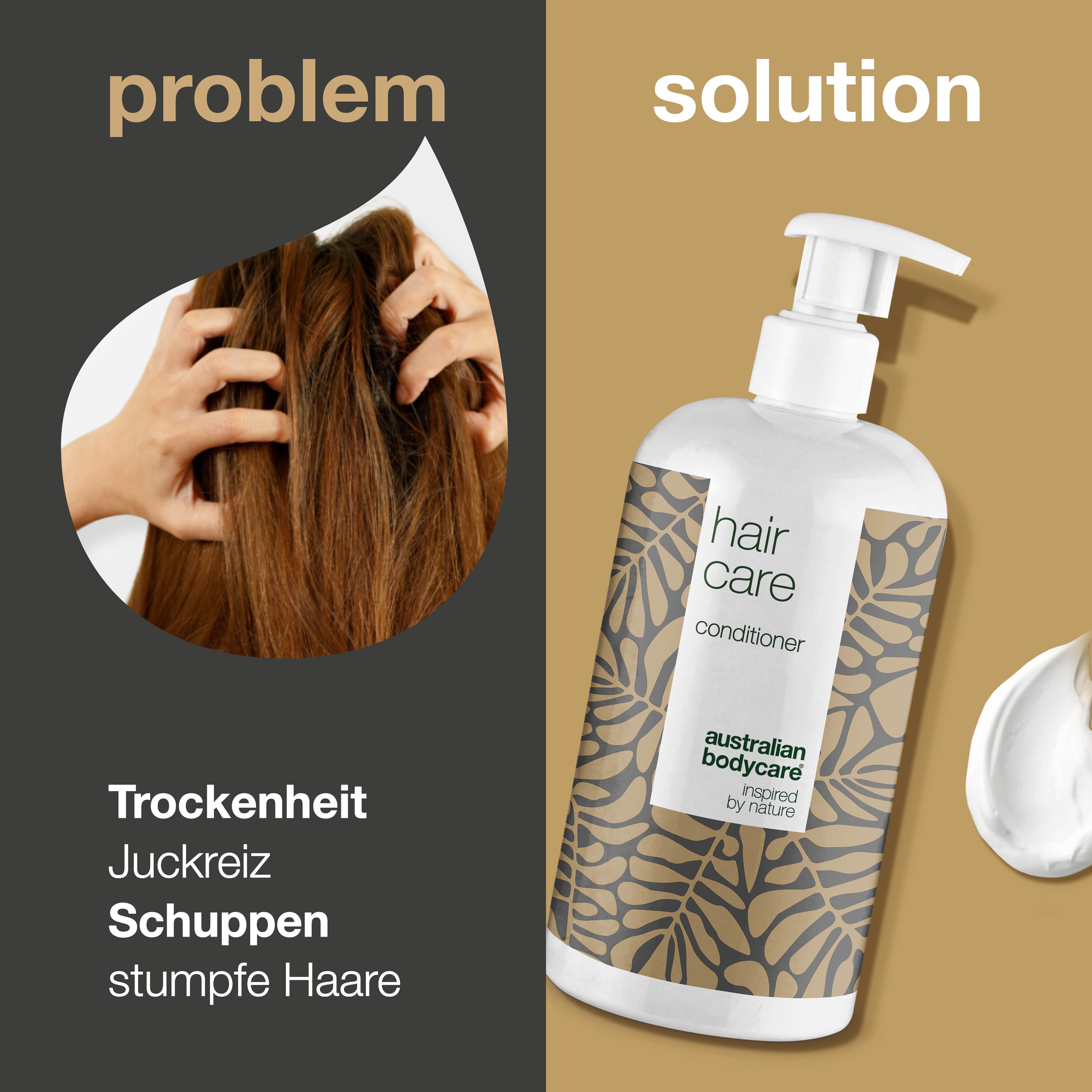 Produkt: Flasche Conditioner mit Pumpverschluss. Text: Hair Care, australian bodycare. Vorteile: lindert, stärkt, macht weich.
