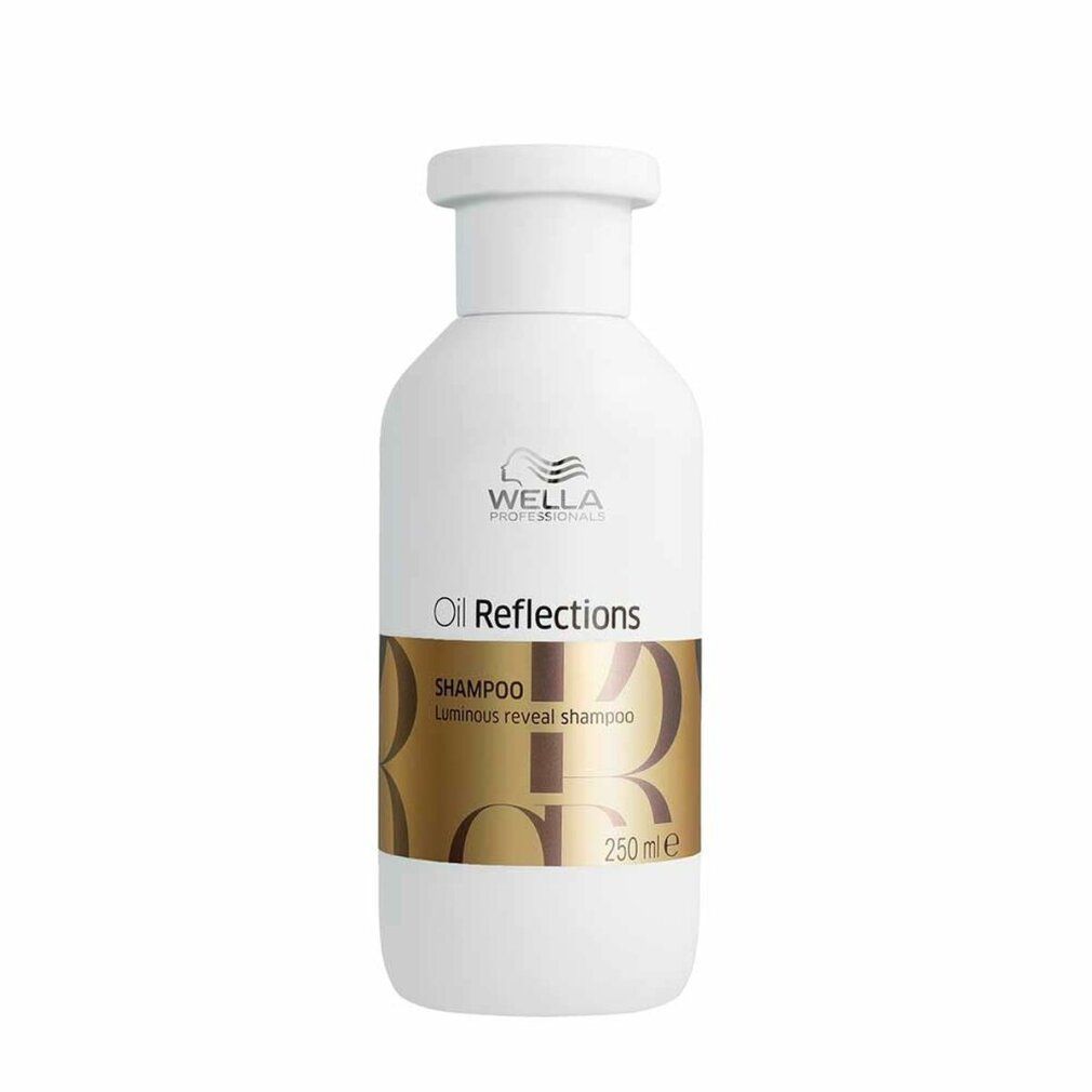 Weiße Shampoo-Flasche mit goldfarbenem Etikett. Aufschrift: Wella Oil Reflections Shampoo. 250 ml.