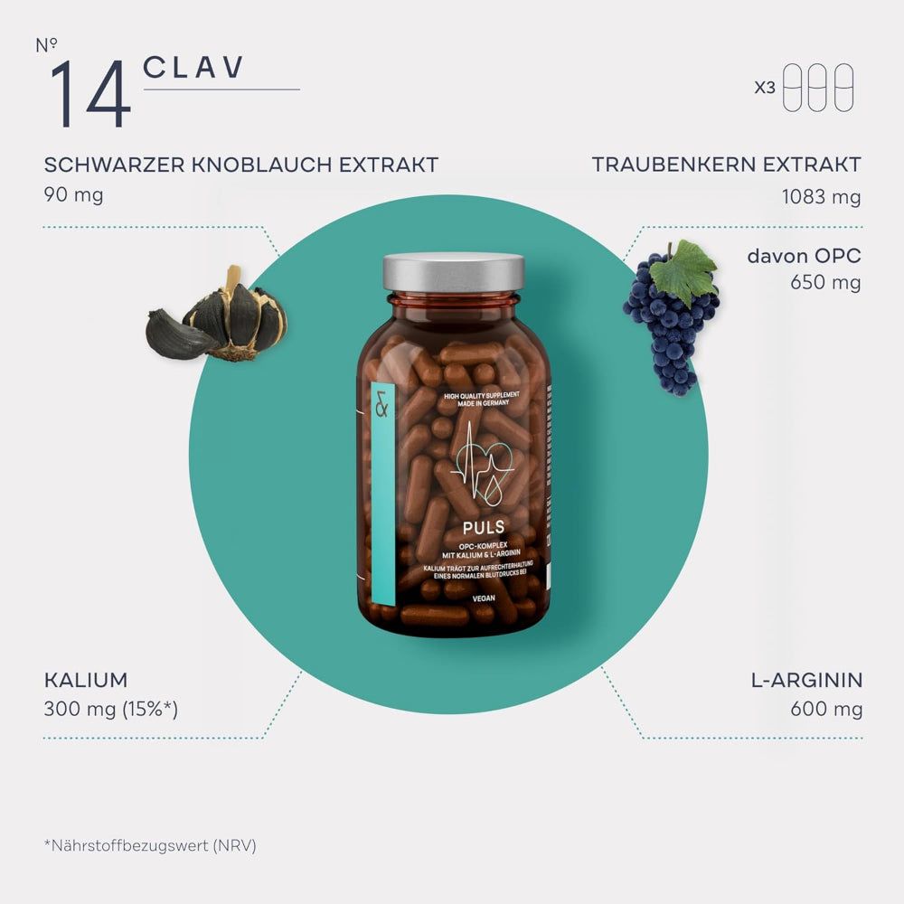 Braune Kapseln in einer braunen Glasflasche. Text: Nr. 14 CLAV. Zusätzliche Informationen: Kalium, OPC, Knoblauch, Traubenkernextrakt.