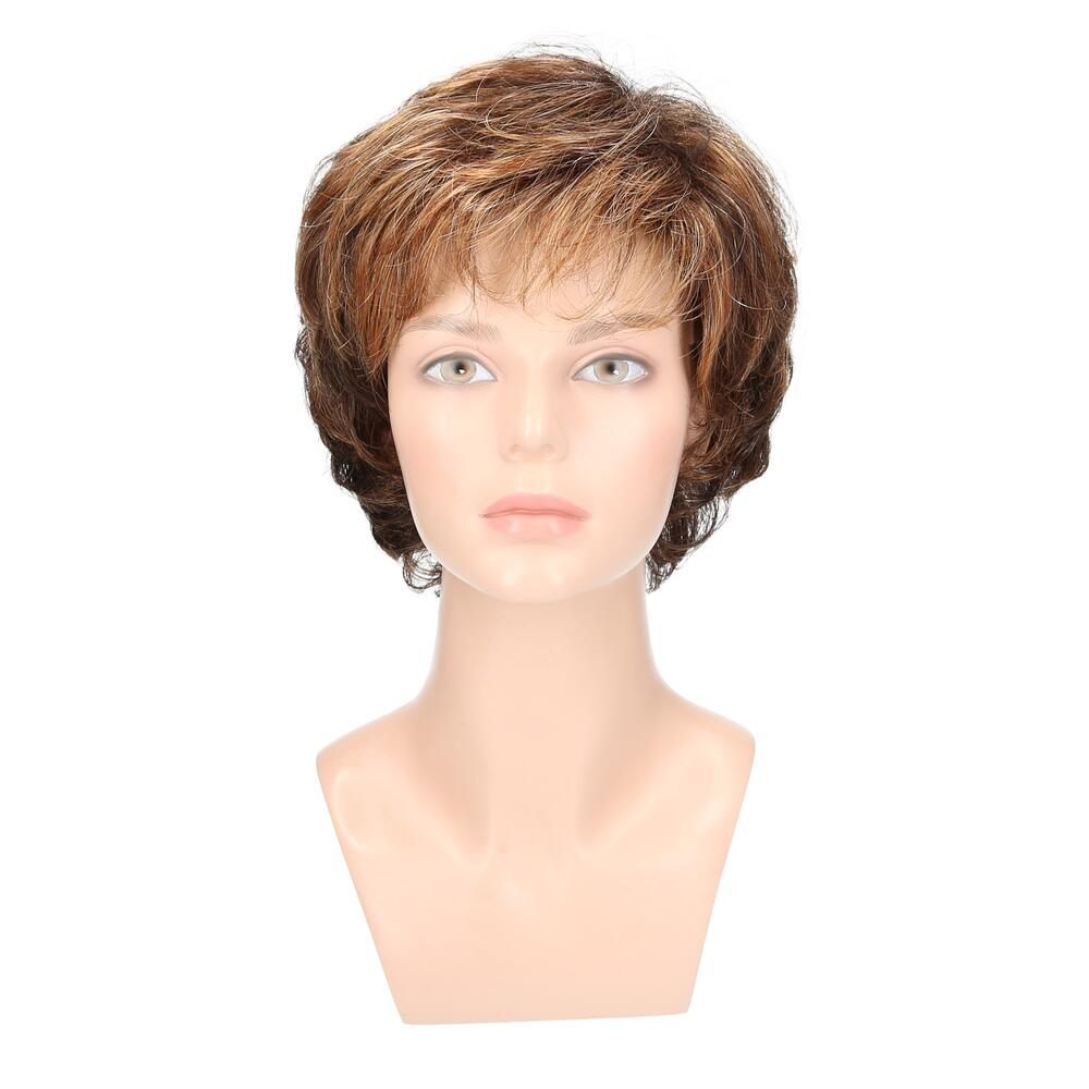 Perücke Iris von Lofty, braun-blond, auf einem Schaufensterkopf. Frontansicht.