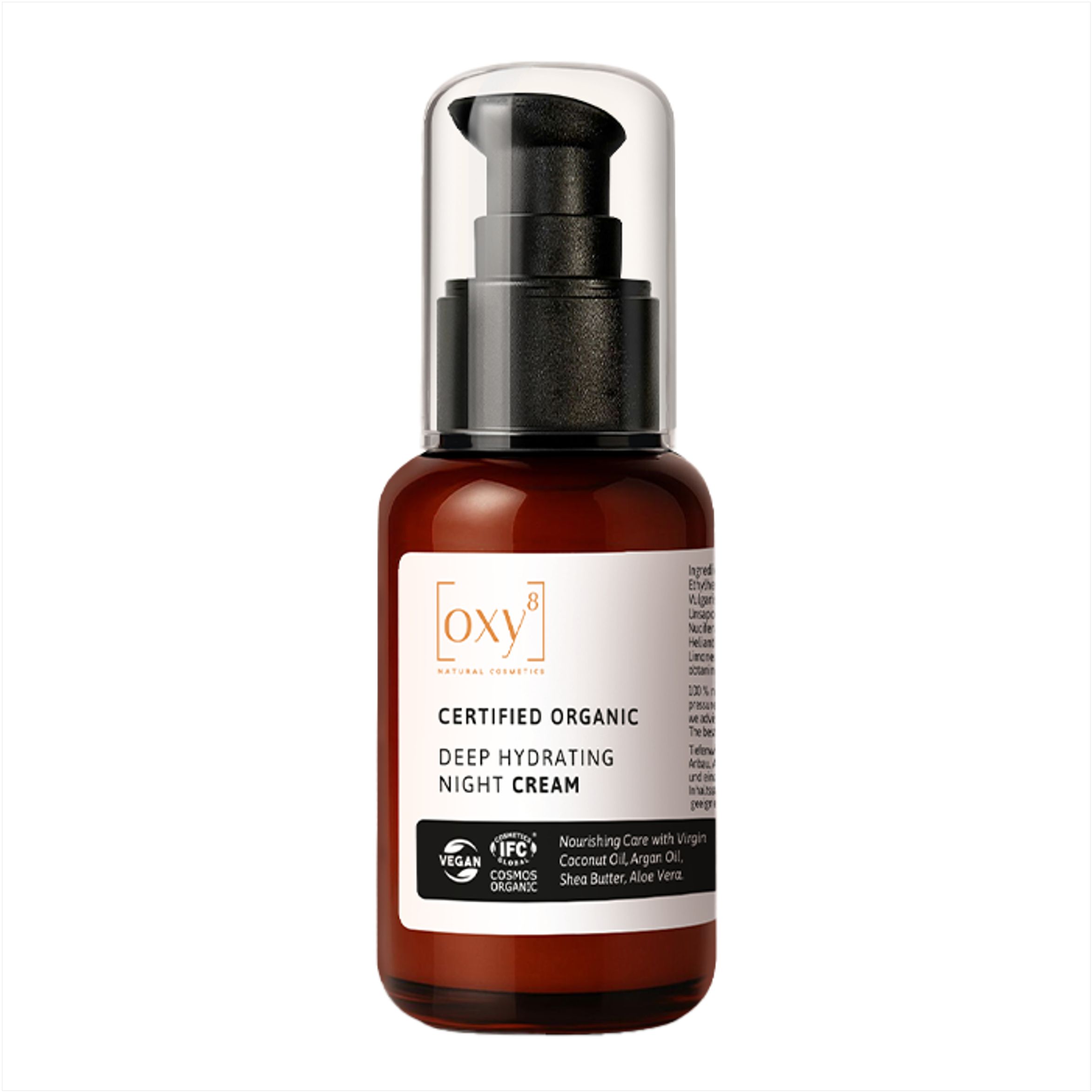 Braune Flasche mit Pumpe. Aufschrift: OXY8, Deep Hydrating Night Cream. Zertifiziertes Bio-Produkt.