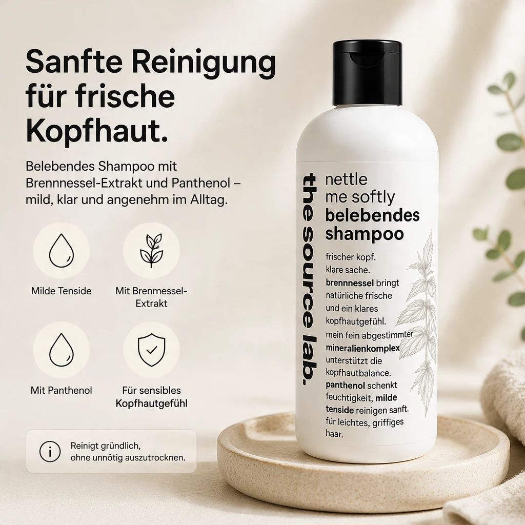 Flasche Nettle Me Softly Shampoo mit Brennnessel-Extrakt und Panthenol für sensible Kopfhaut.