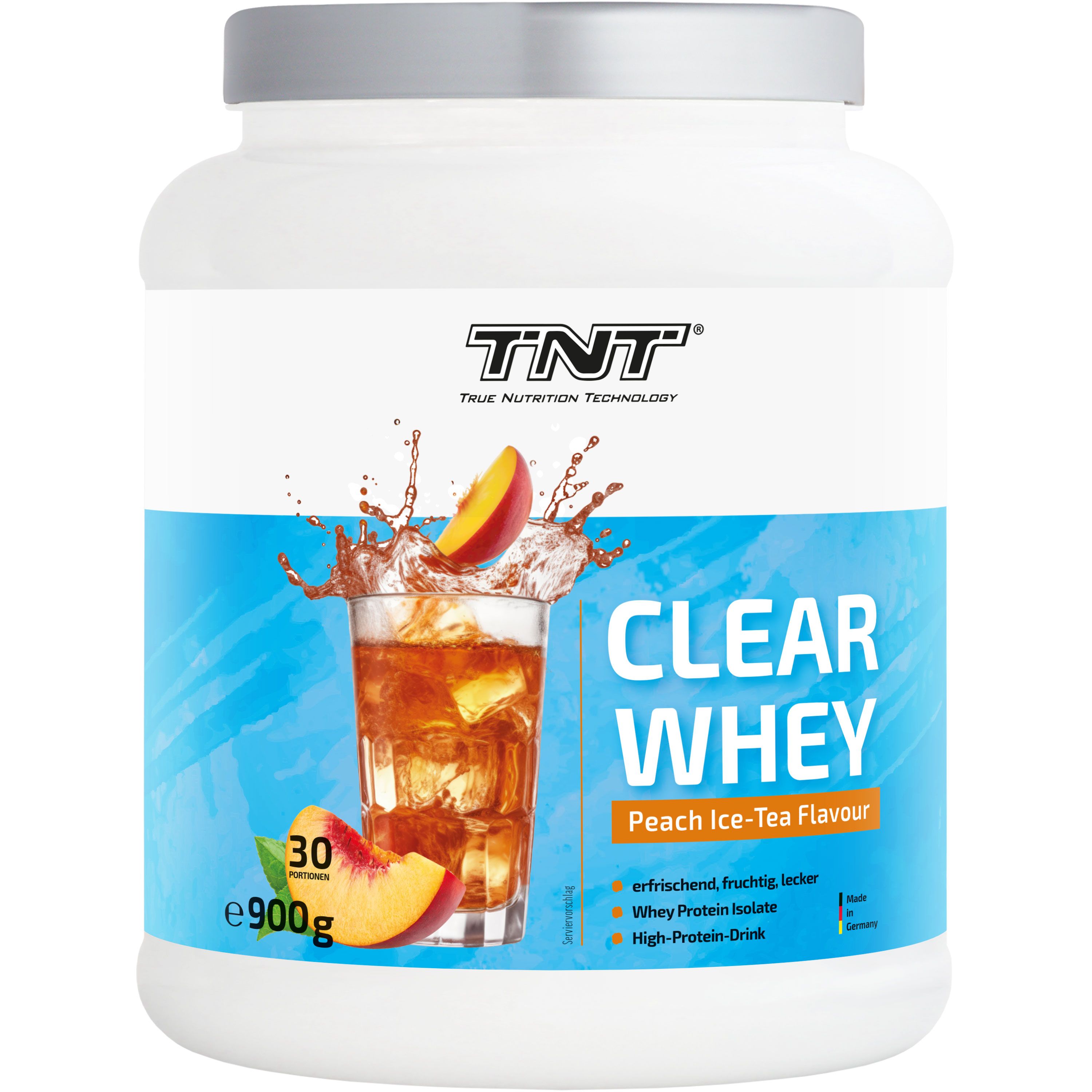 Weiße Dose mit TNT-Logo und Produktbezeichnung. Abbildung eines Getränks mit Pfirsichstücken. Aufschrift: Clear Whey, Peach Ice-Tea Flavour.