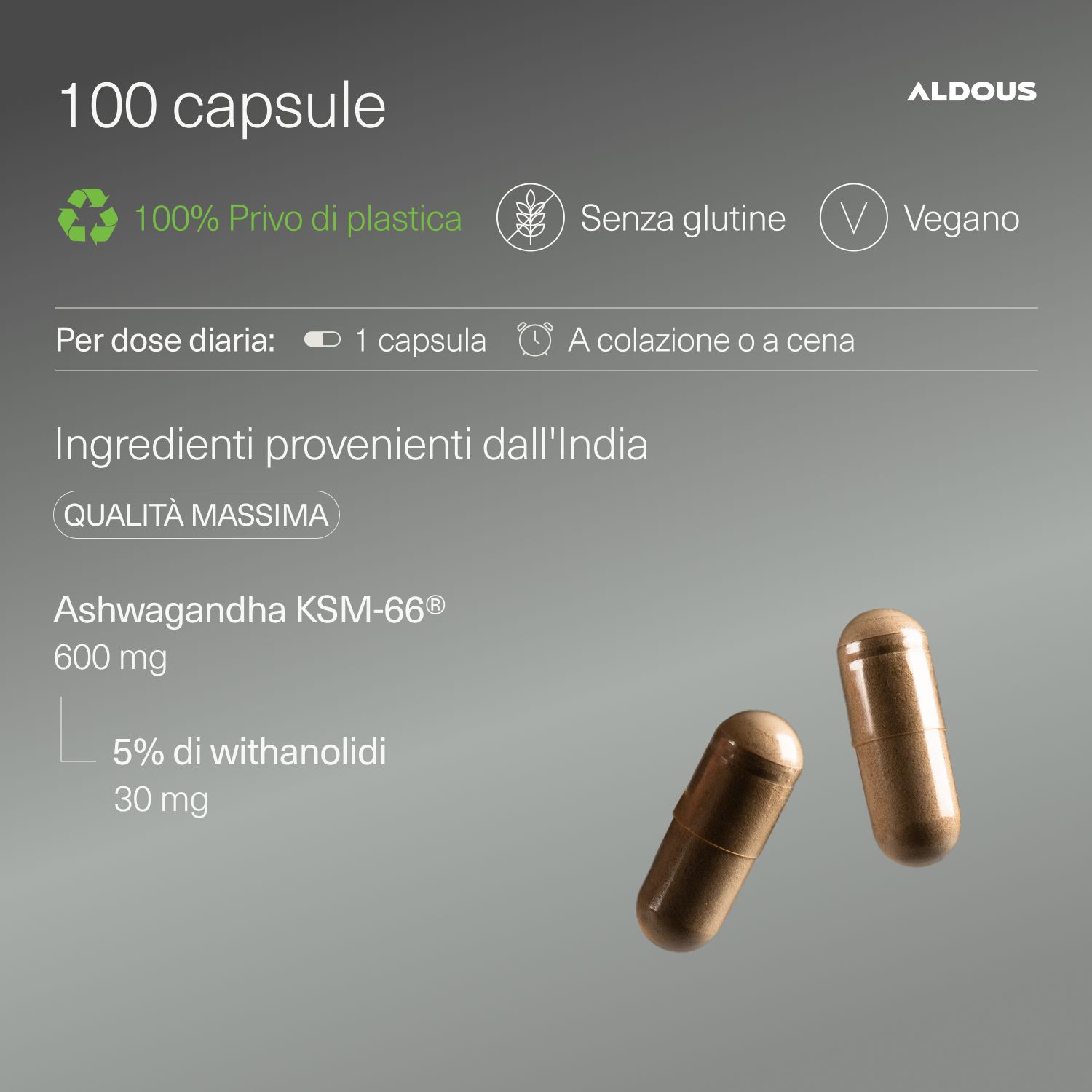 Aldous Ashwagandha KSM-66: 100 Kapseln, plastikfrei, glutenfrei, vegan.