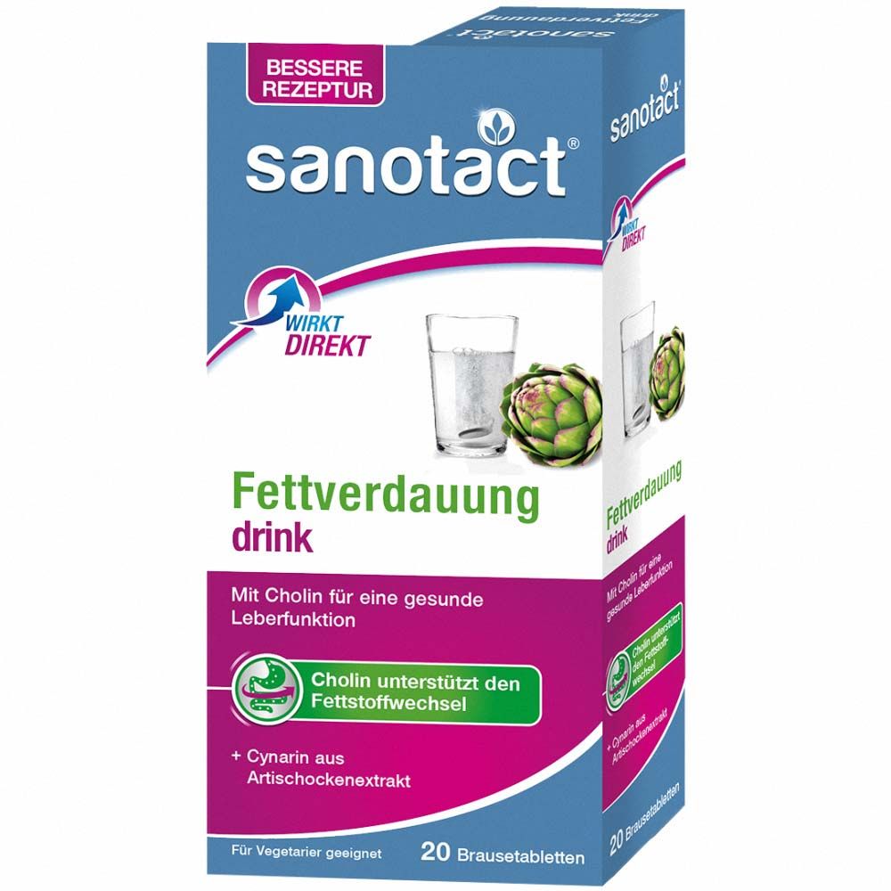Blau-weiß-violette Verpackung mit Produktbezeichnung und Abbildung von Glas, Artischocke. Text: Fettverdauung drink, 20 Brausetabletten.