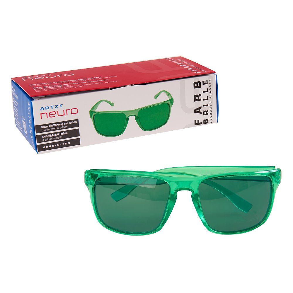 Grüne Trainingsbrille und Verpackung mit Produktabbildung.