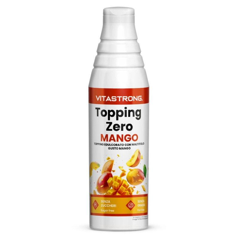 Vitastrong Topping Zero Mango. Weiße Flasche mit Produktetikett und Mango-Illustration. Ohne Zucker, ohne Fett.