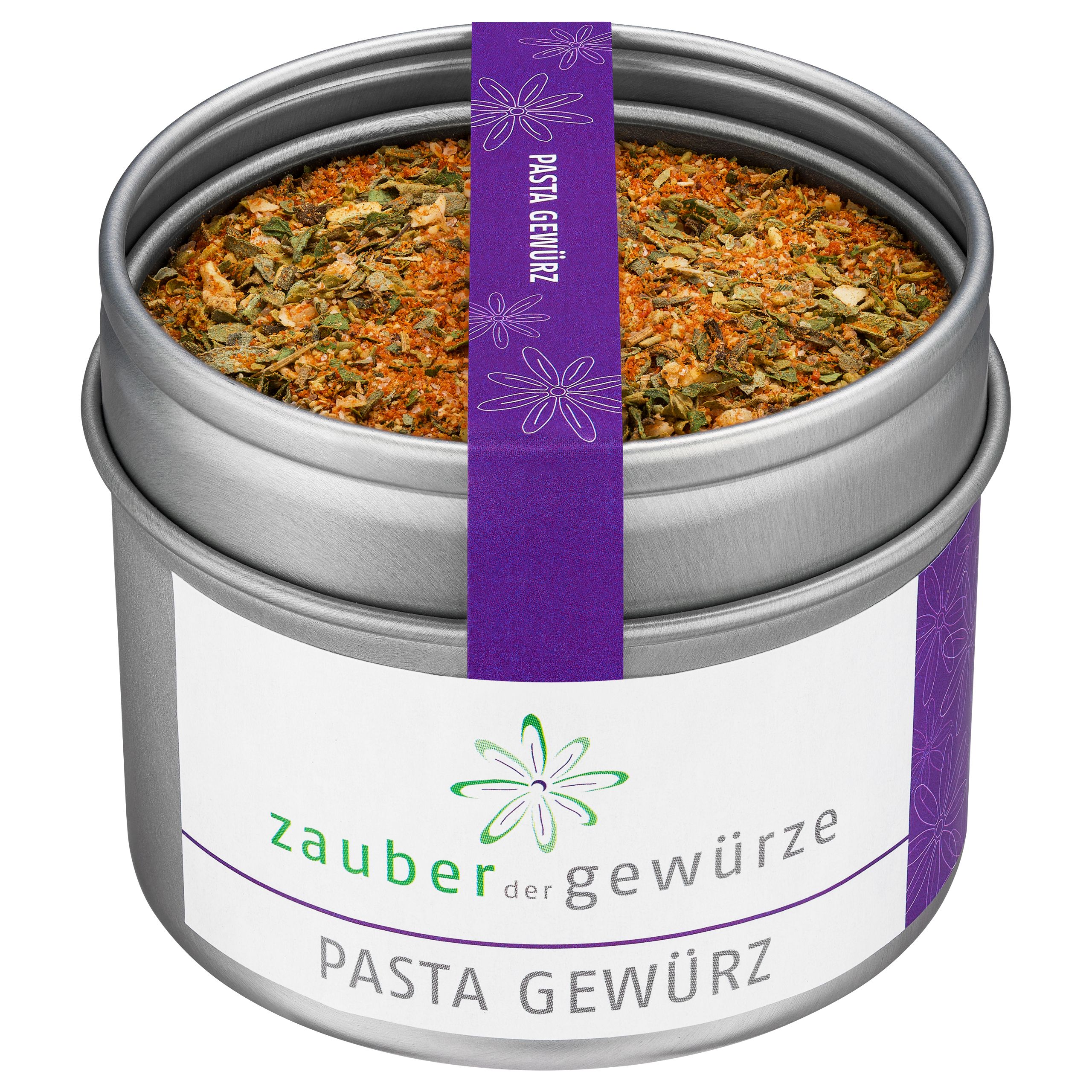 Runde Dose mit Pasta Gewürz. Lila Band mit Text. Weißes Etikett mit Logo und Schriftzug: Zauber der Gewürze Pasta Gewürz.