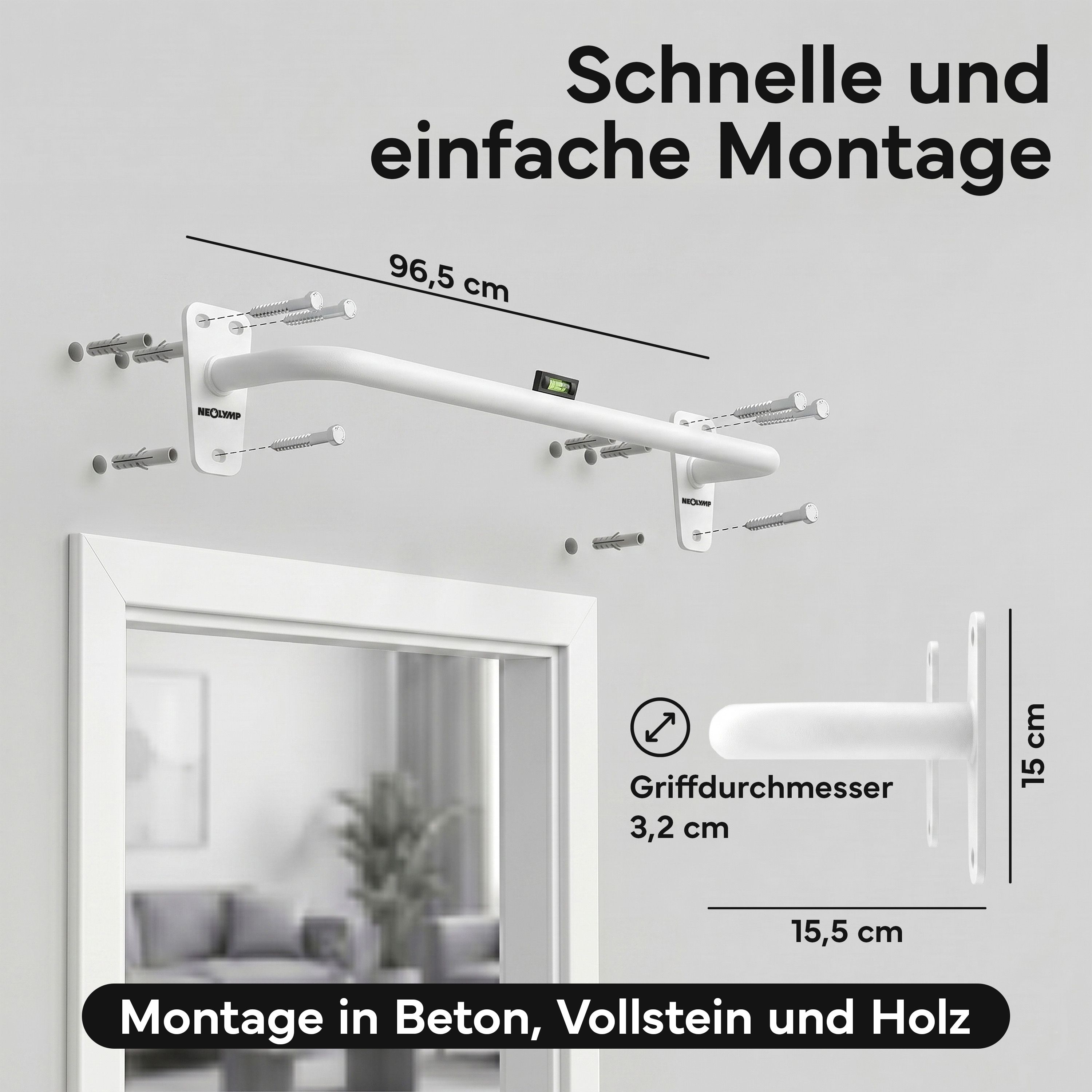 Weiße Klimmzugstange, 96,5 cm lang, 15 cm hoch, Griff 3,2 cm. Montage in Beton, Vollstein und Holz.