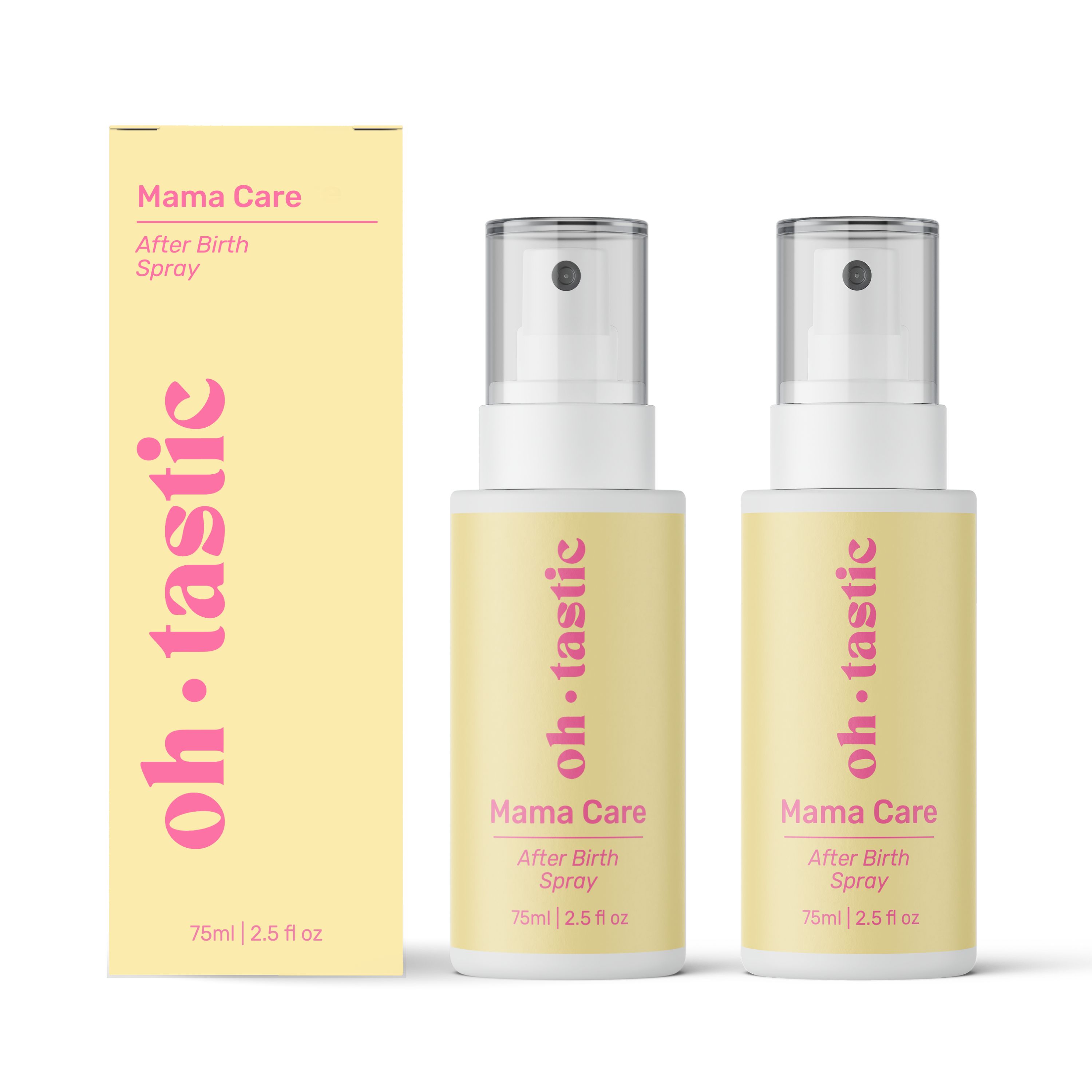 Zwei Sprühflaschen und eine Schachtel. Aufschrift: oh.tastic, Mama Care, After Birth Spray. Gelbe Flaschen und Verpackung.