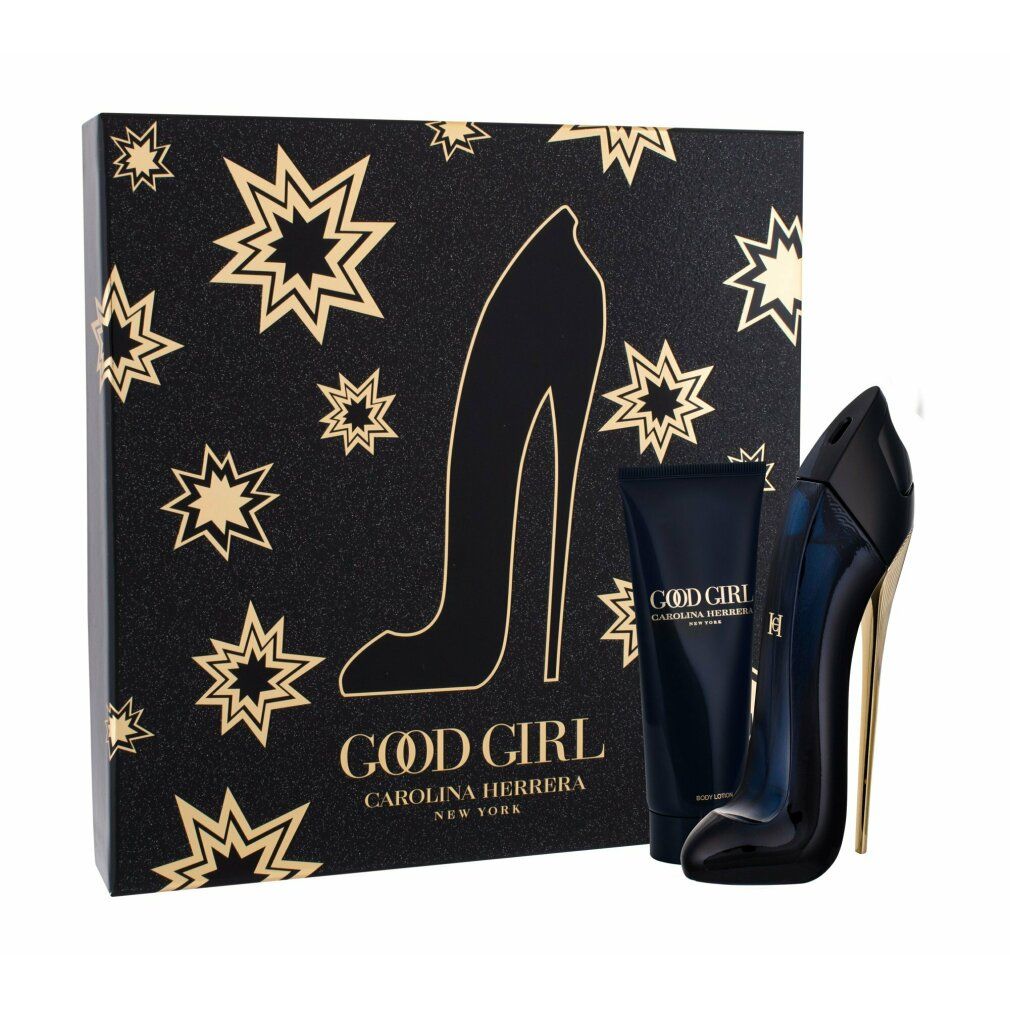 Geschenkset mit schwarzem Schuh-Parfümflakon, Bodylotion und Box mit Sternenmuster. Schriftzug: GOOD GIRL.
