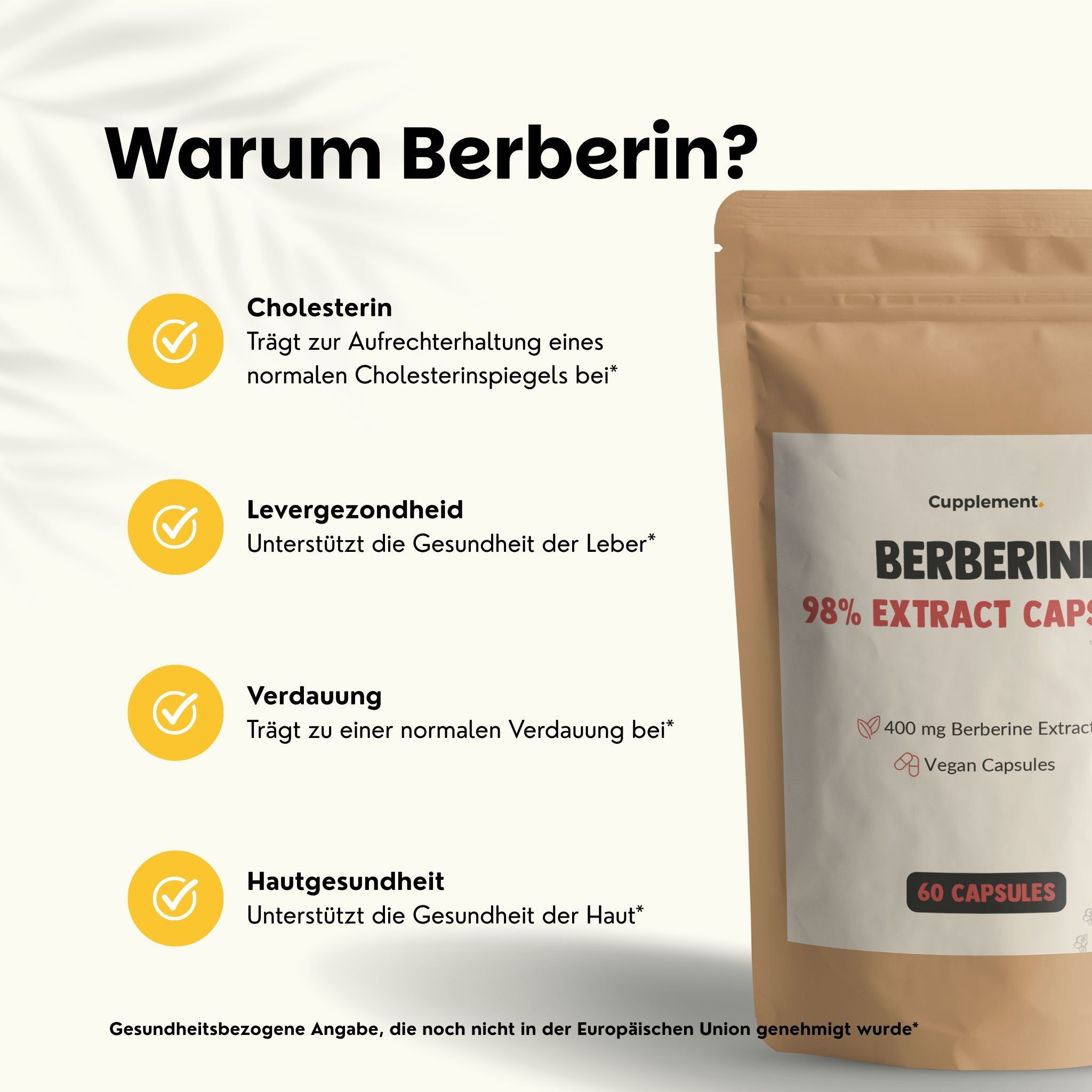 Beutel mit Berberin-Kapseln. Text: Warum Berberin? Cholesterin, Lebergesundheit, Verdauung, Hautgesundheit.