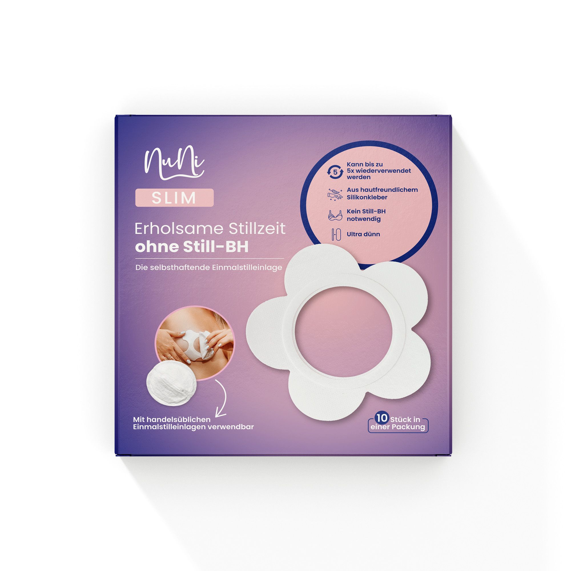 Verpackung von NuNi SLIM. Violette Schachtel mit Produktabbildung und floralem Stillpad. Text: Erholsame Stillzeit ohne Still-BH.