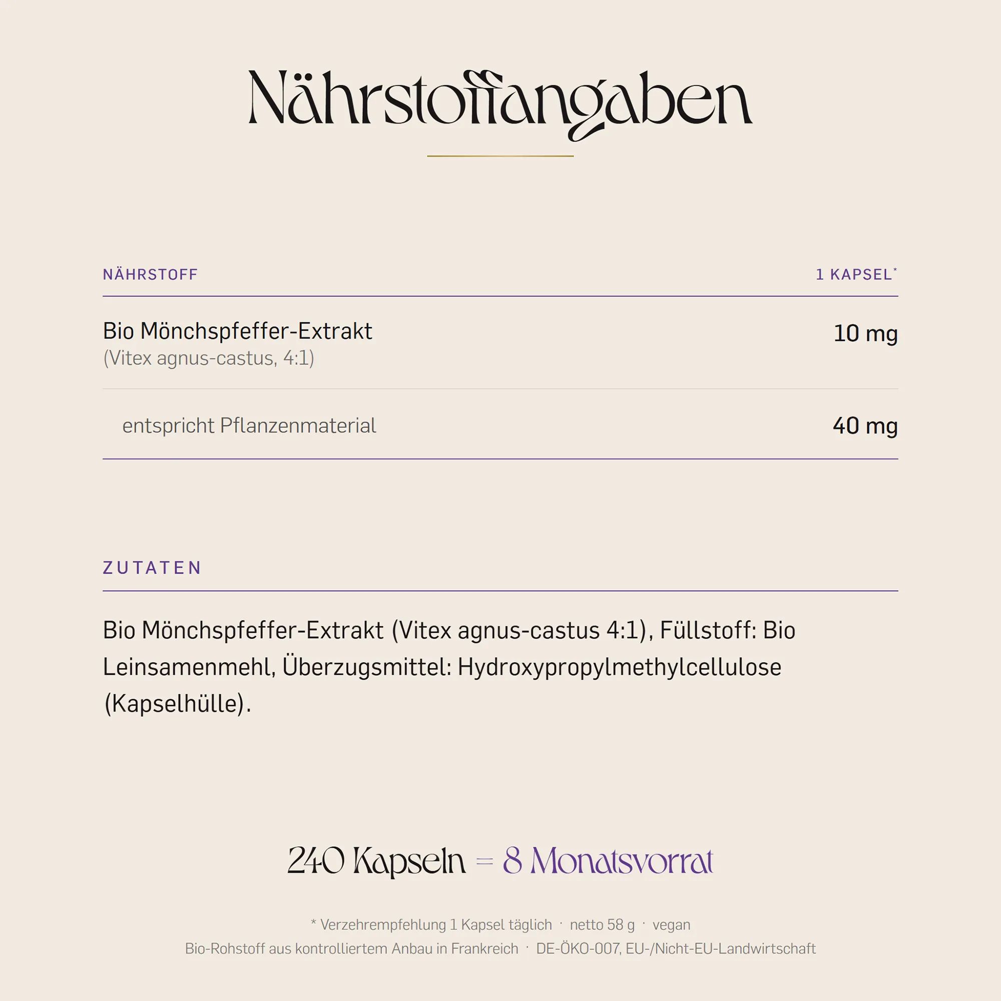 Nährwertangaben: Bio Mönchspfeffer-Extrakt 10 mg pro Kapsel. Zutaten: Extrakt, Bio-Leinsamenmehl.