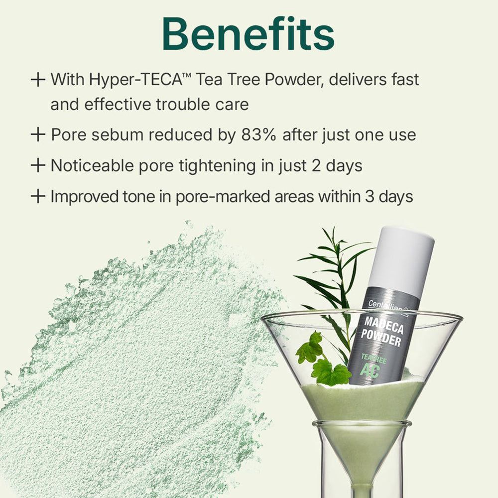 Ein Behälter mit "MAMECA POWDER" und "TEA TREE" Aufschrift steht in einem Glas. Daneben ist grüner Puder.