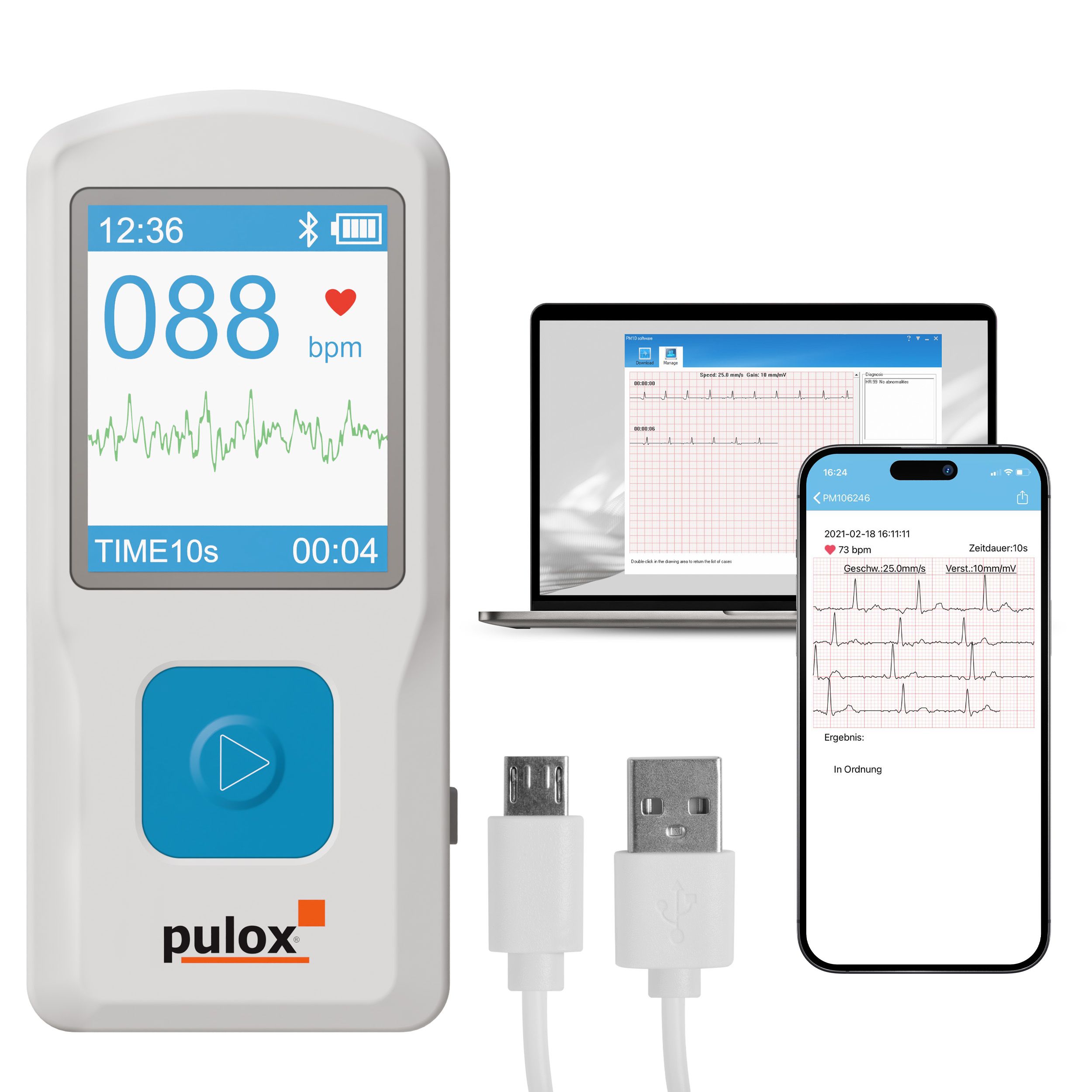 EKG-Gerät mit Display, Herzfrequenzanzeige und Bluetooth-Symbol. Kabel und Smartphone mit EKG-Anzeige. Laptop mit EKG-Software.