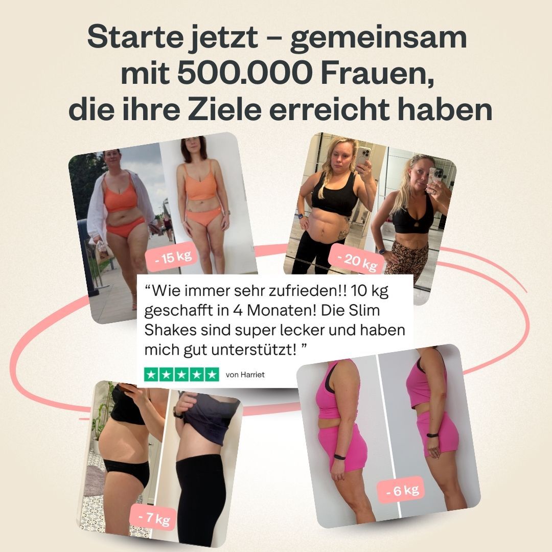 Collage von Vorher-Nachher-Fotos von Frauen. Text: "10 kg in 4 Monaten". Text: "Slim Shakes sind super lecker".