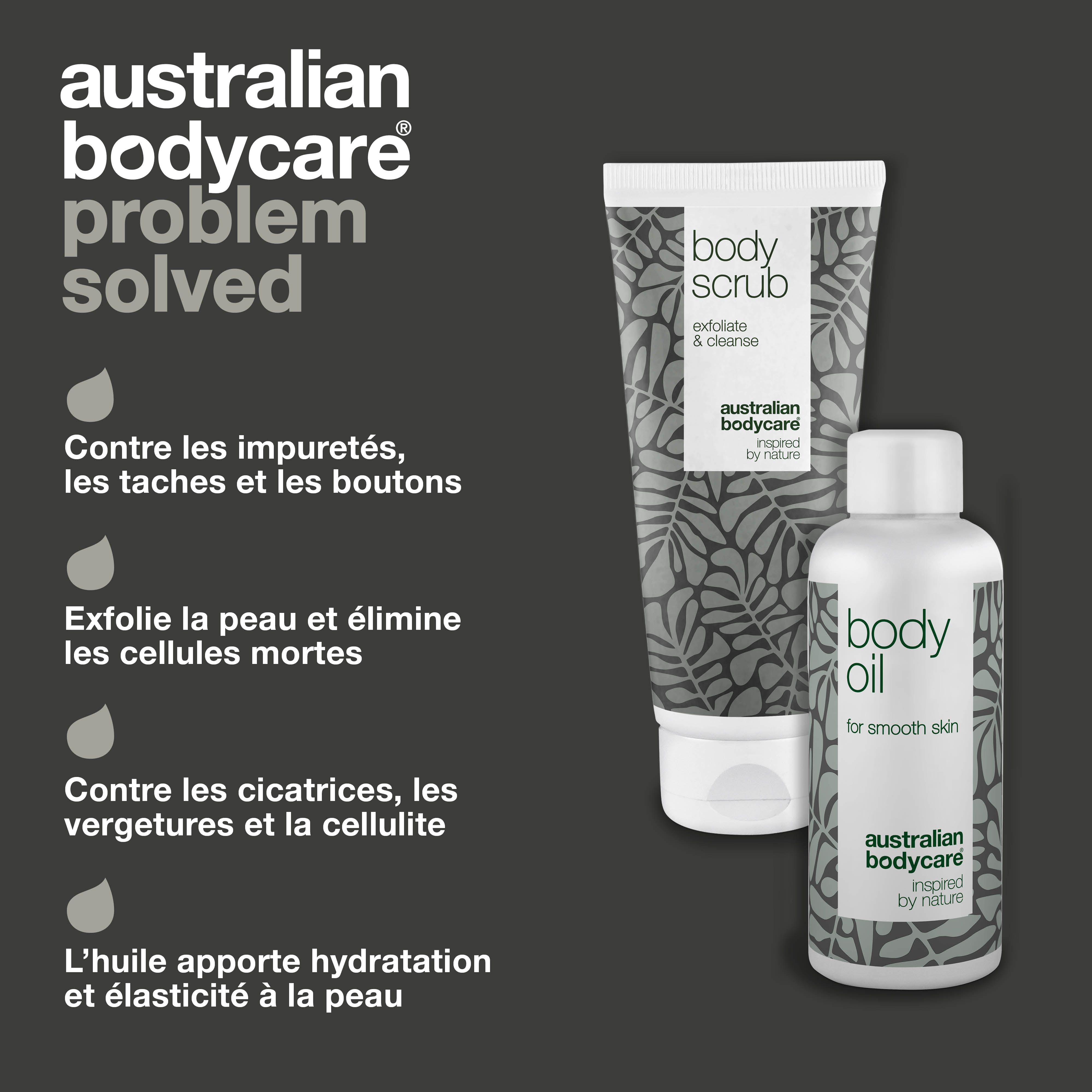 Problème et solution. Femme avec vergetures et produits. Inscriptions : Body Scrub, Body Oil, Australian Bodycare.