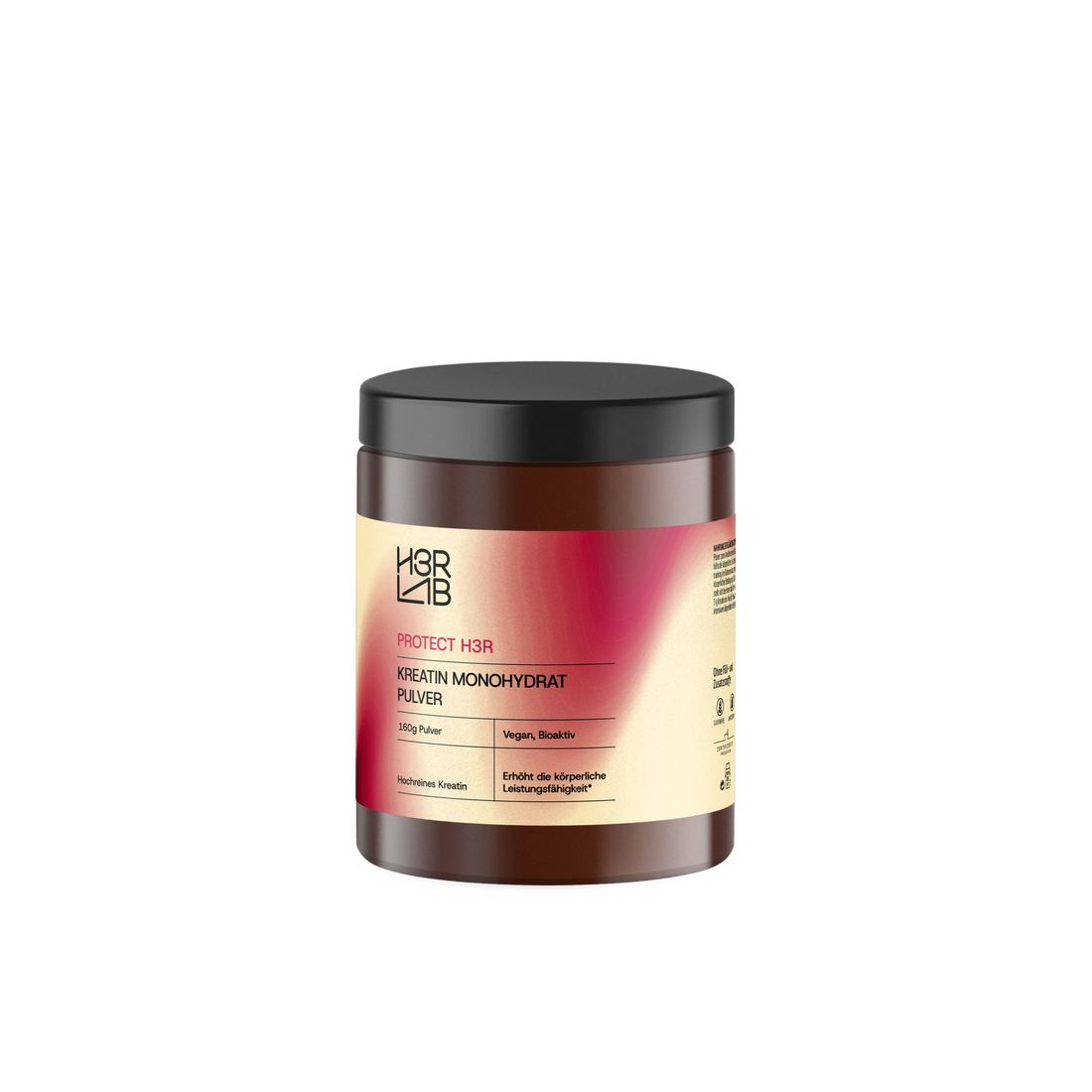 Braune Dose mit schwarzem Deckel. Aufschrift: H3R LAB, Kreatin Monohydrat Pulver. Rosa-weißer Hintergrund.