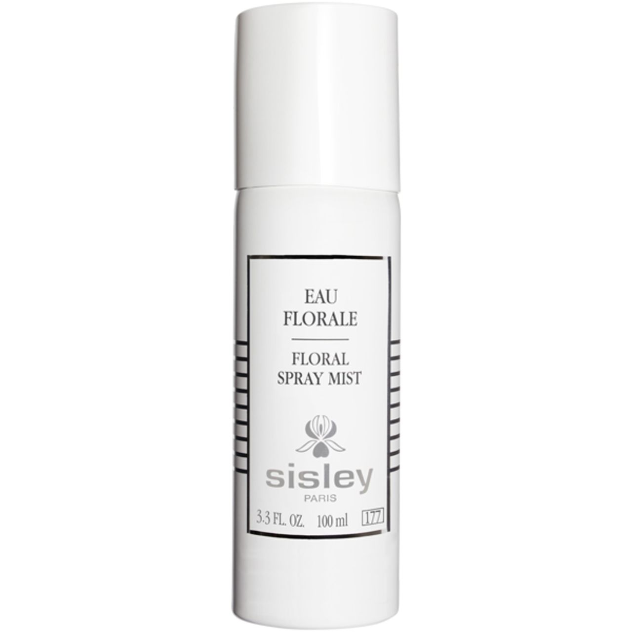Weißes Sisley Eau Florale Spray. Aufschrift: Eau Florale, Floral Spray Mist, Sisley Paris. 3.3 fl. oz. 100 ml.