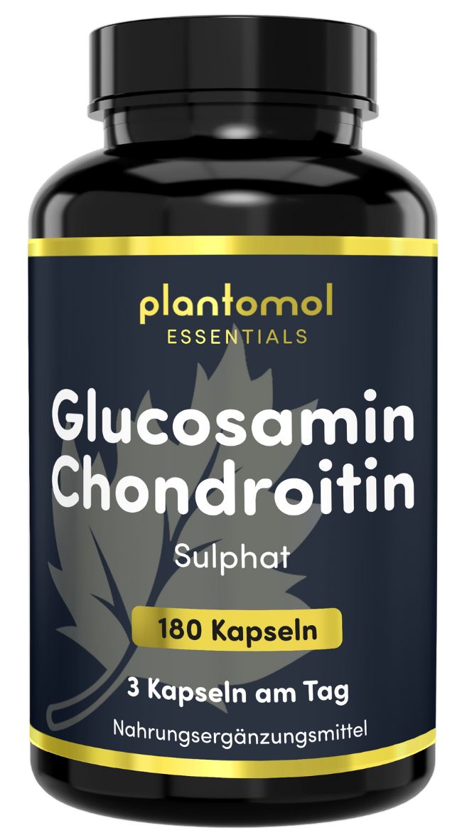 Schwarze Flasche plantomol® Essentials Glucosamin Chondroitin. 180 Kapseln. 3 Kapseln am Tag. Nahrungsergänzungsmittel.