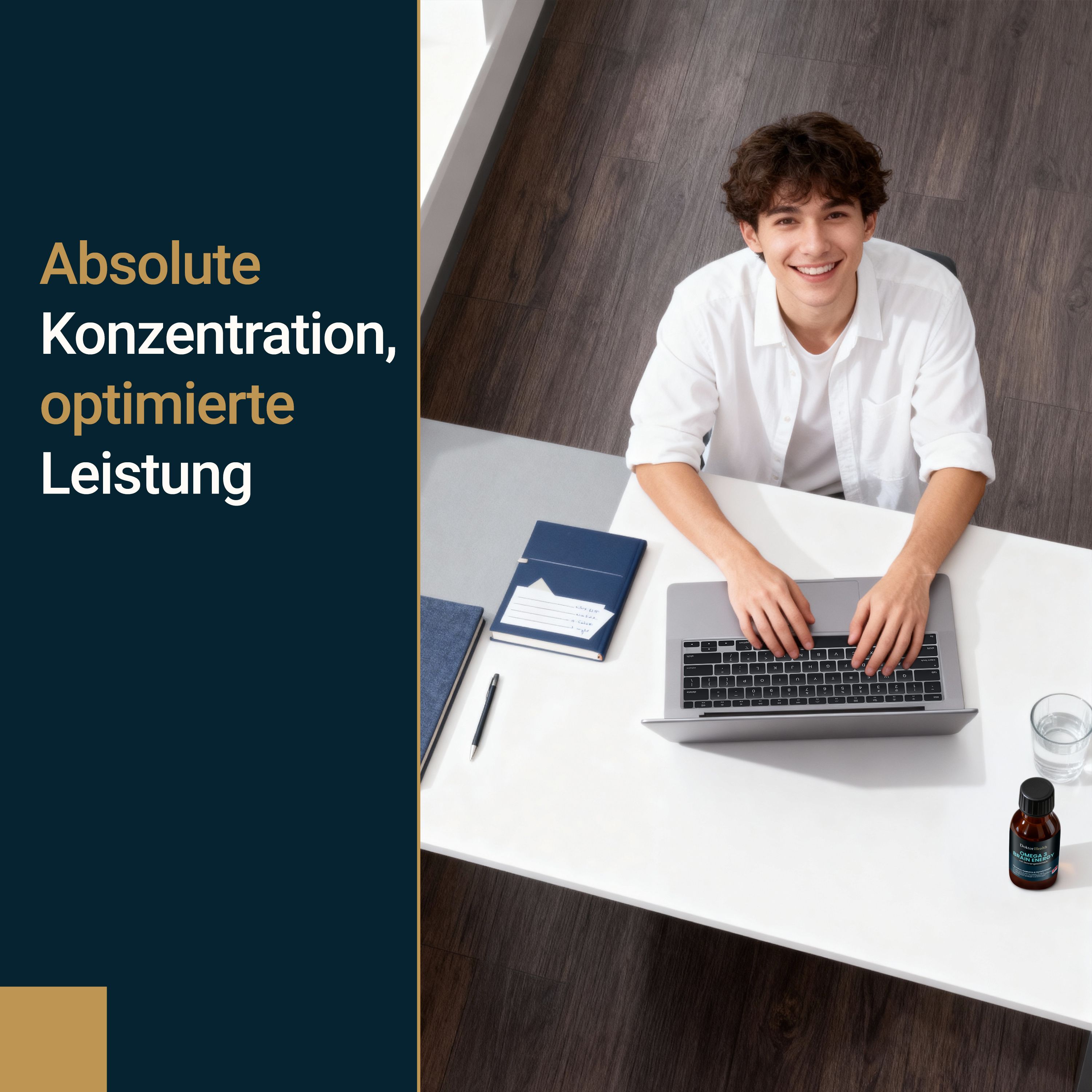 Mann am Schreibtisch mit Laptop und Flasche "Doktor Health Omega 3 BRAIN ENERGY". Text: "Absolute Konzentration, optimierte Leistung".