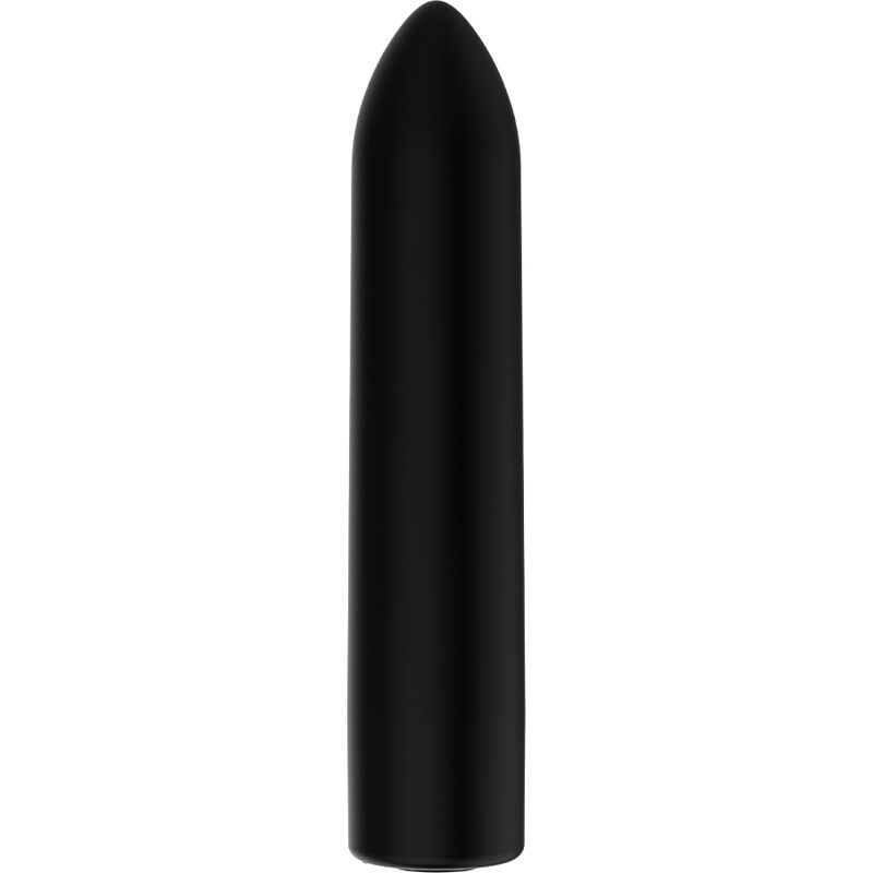 Schwarzer, zylindrischer Vibrator mit spitzem Ende. Glatte Oberfläche.