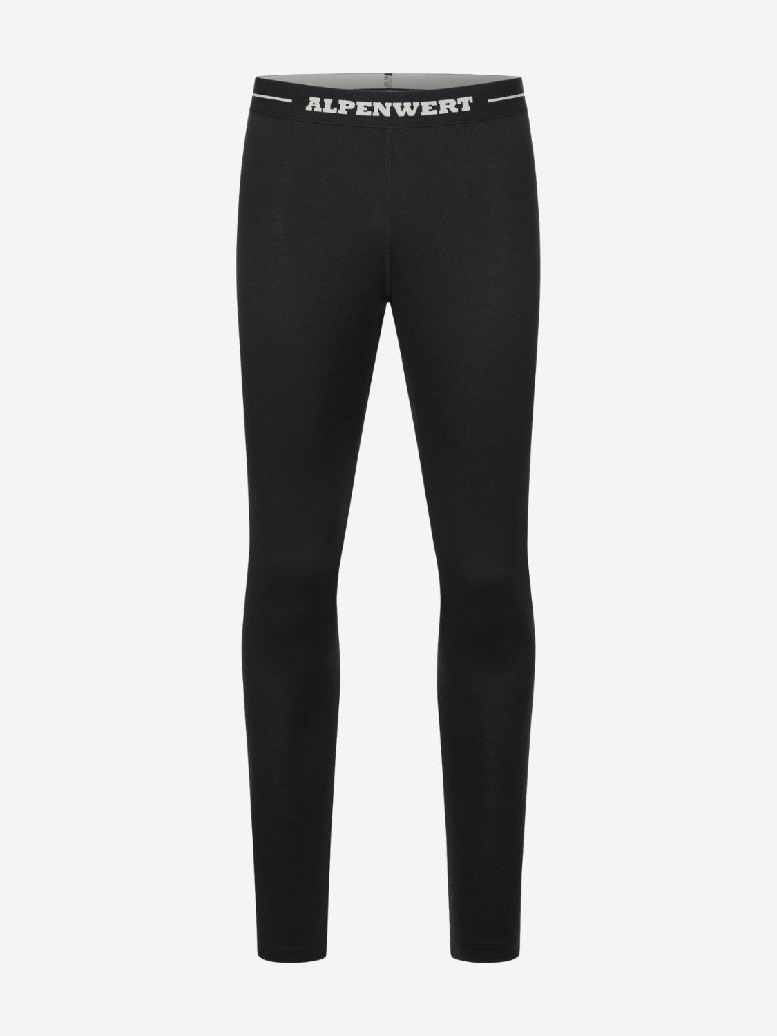 Schwarze lange Unterhose aus Merinowolle mit ALPENWERT-Bund, Vorderansicht.