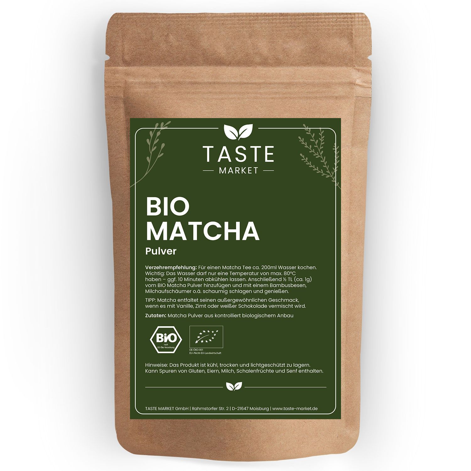 Braune Papiertüte mit BIO Matcha Pulver und Siegeln für biologischen Anbau.