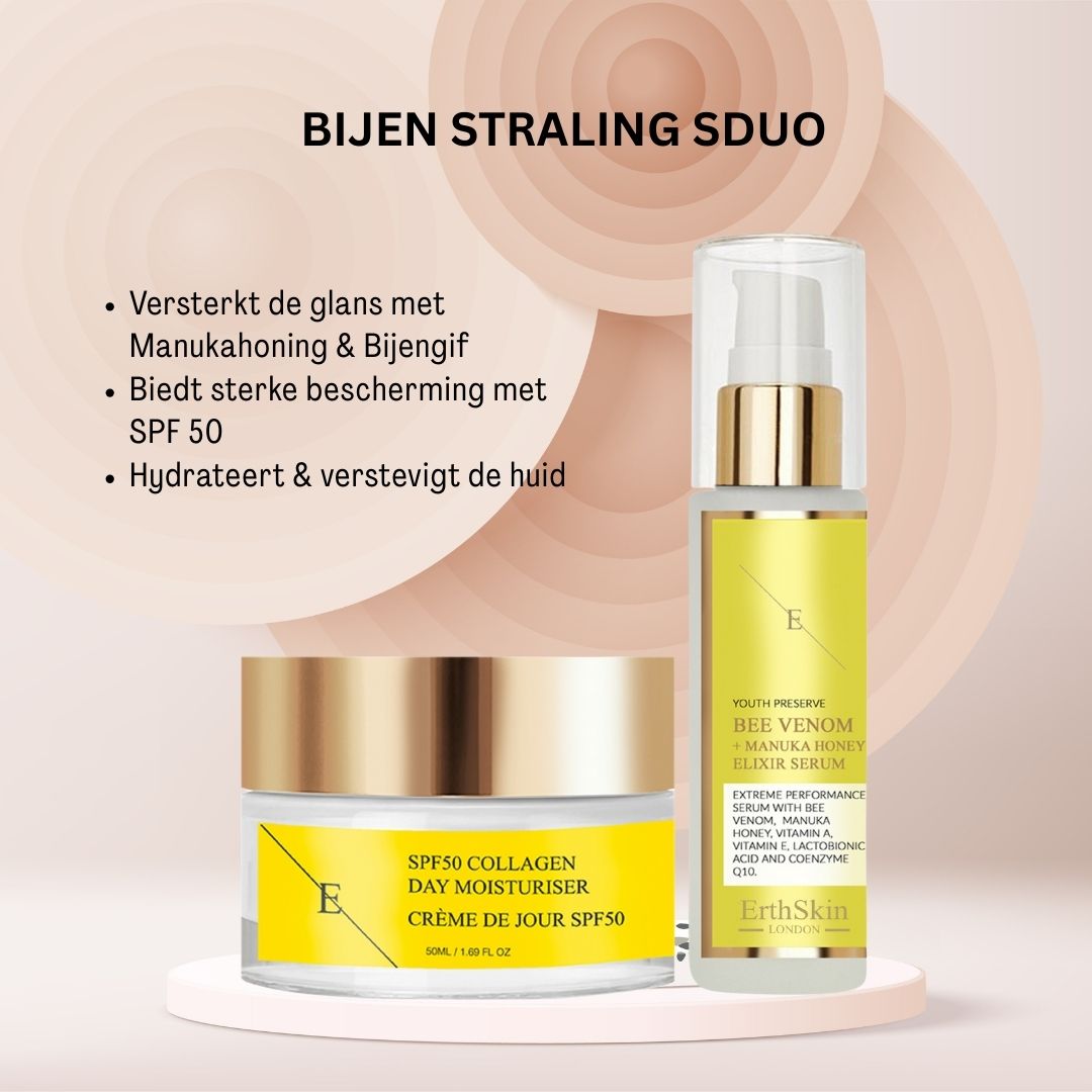 ErthSkin London Bijen Straling Duo: Tagescreme und Serum mit Manuka Honig & Bijengif. Verstärkt Glanz, bietet SPF 50 Schutz, hydriert.