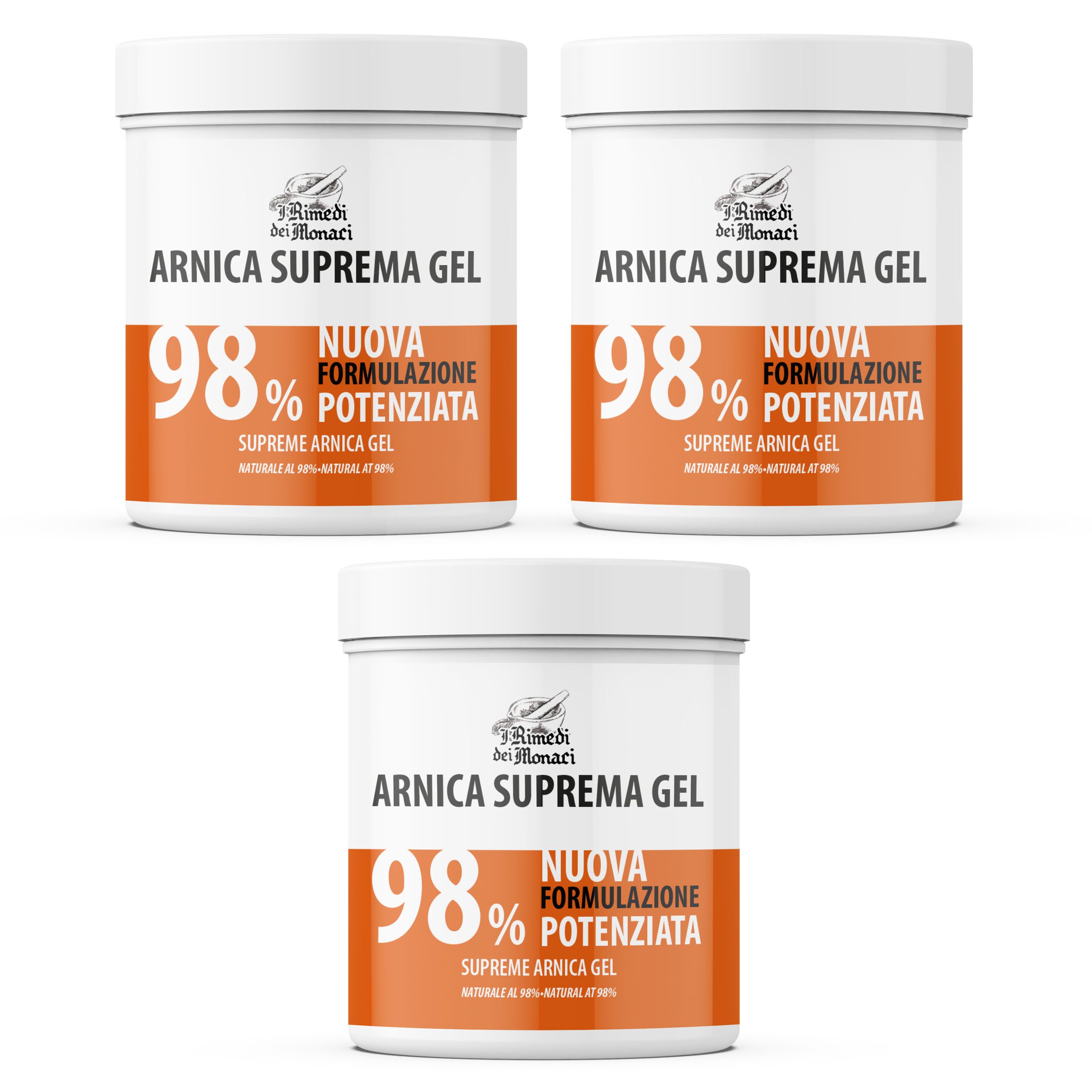 Drei weiße Tiegel mit orangefarbenen Etiketten. Auf jedem steht "Arnica Suprema Gel" und "98%".