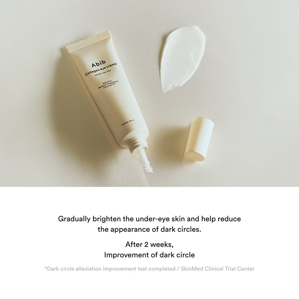 Tube "Abib Collagen eye crème" mit Creme daneben. Offener Deckel. Text über Verbesserung dunkler Augenringe.