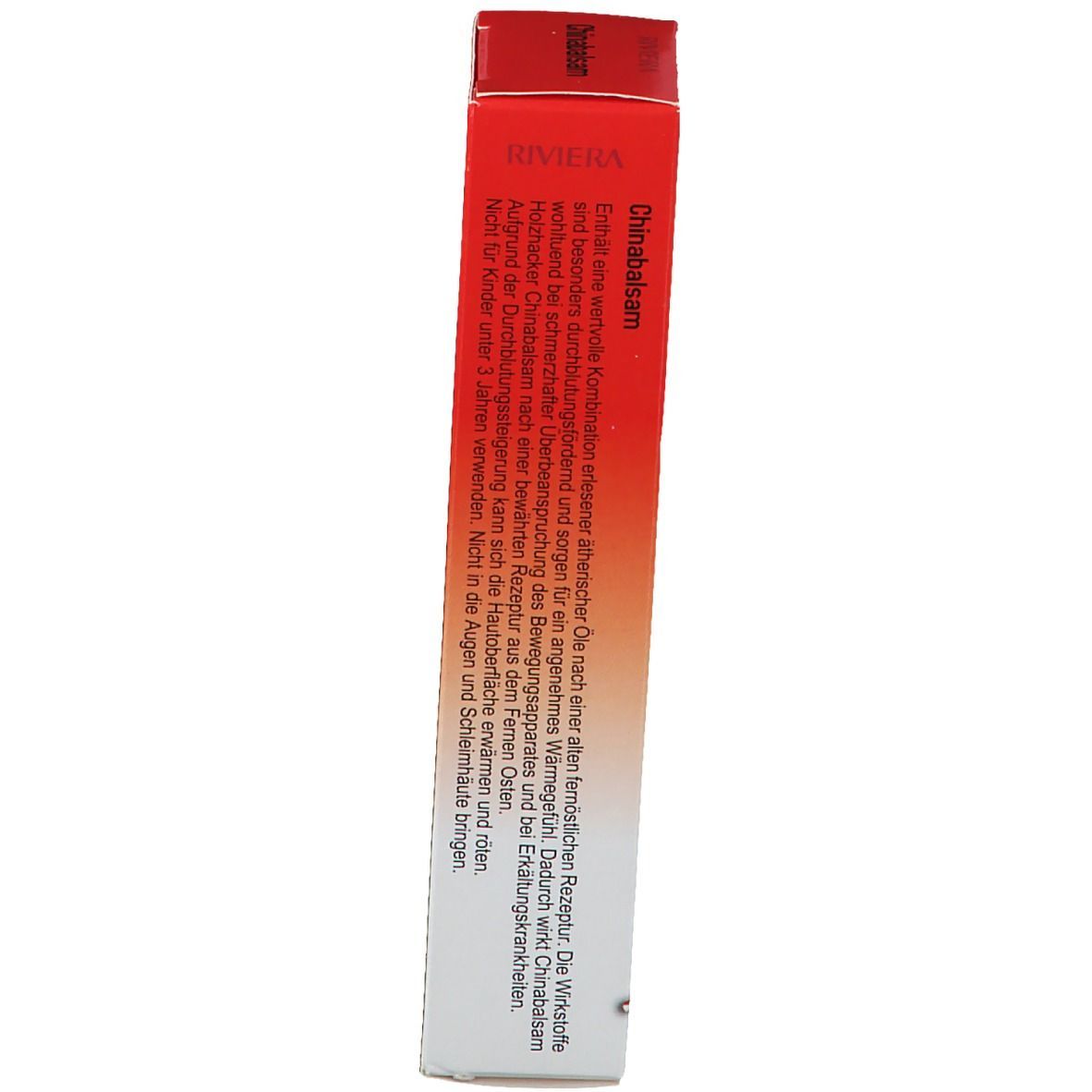 Schachtel Chinabalsam. Rote Schachtel mit Text. Text auf Deutsch. Marke Riviera.