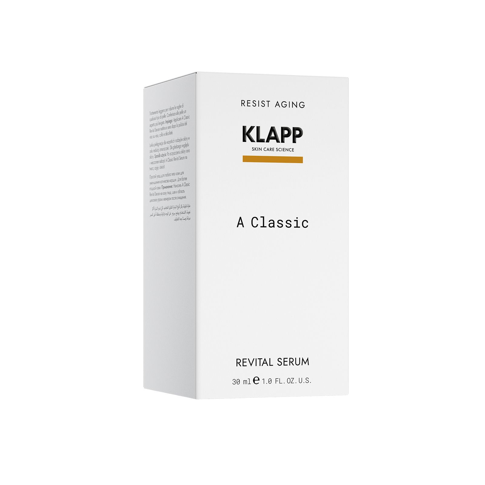 Weiße Verpackung mit Produktnamen und Logo. Aufschrift: Resist Aging, Klapp, A Classic, Revital Serum.