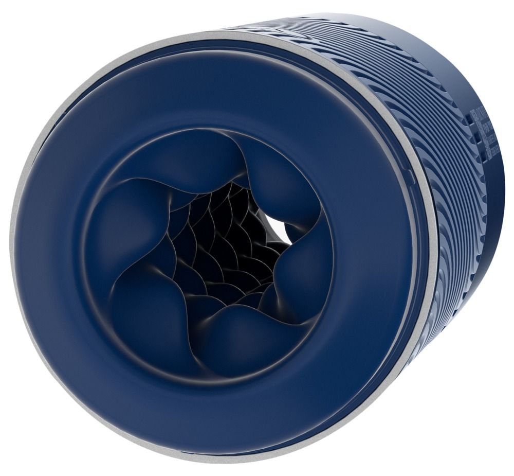 Blauer, zylindrischer Massager mit texturiertem Innenleben und gerippter Außenseite.