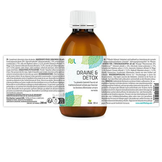 Braune Glasflasche mit weißem Deckel. Etikett "Draine & Detox" und Blätter. Vegan-Logo. Rückseite mit Text.