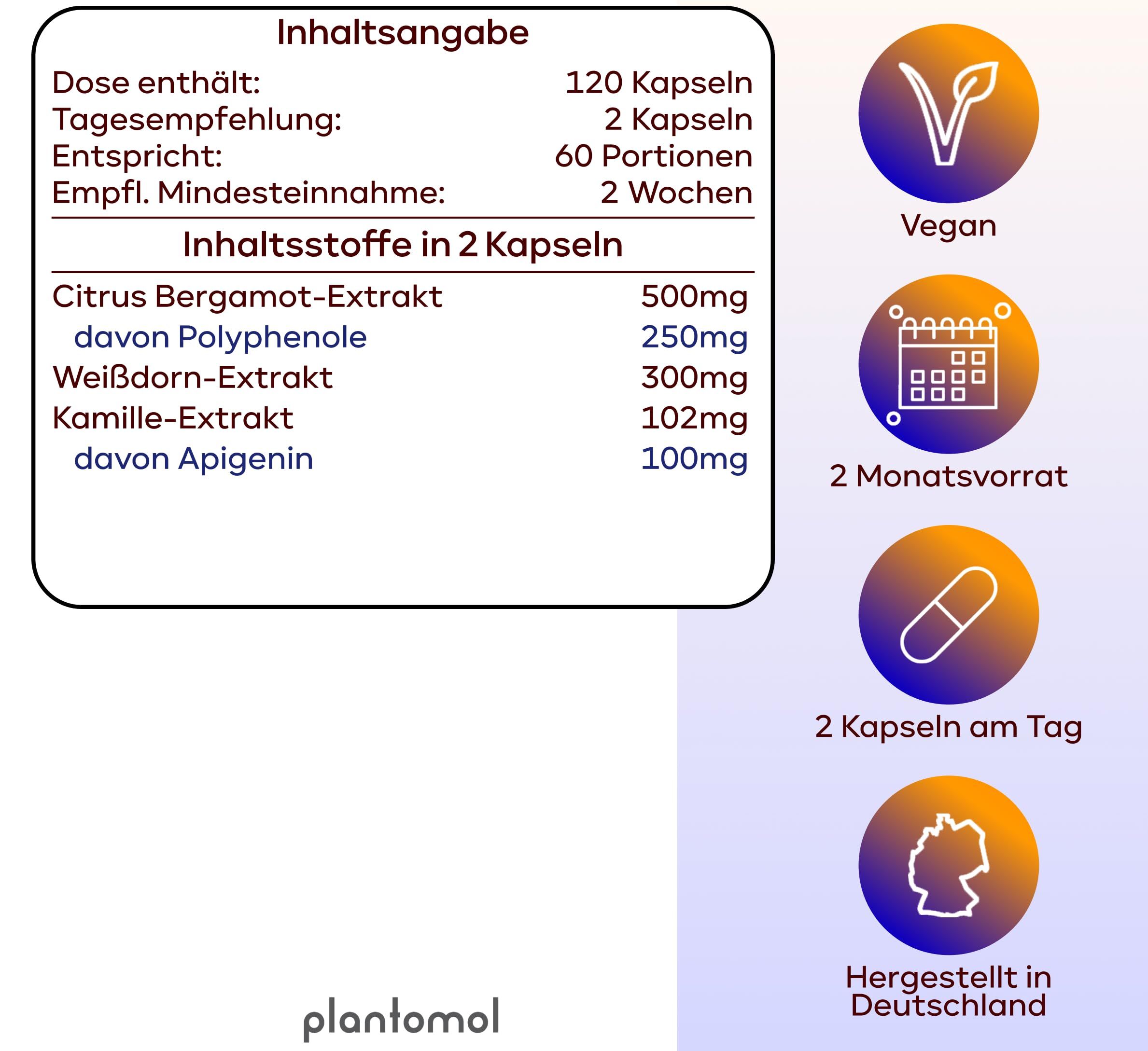 Inhaltsangabe: 120 Kapseln, 2 Kapseln pro Tag. Inhaltsstoffe: Citrus Bergamot-Extrakt, Polyphenole, Weißdorn-Extrakt, Kamille-Extrakt, Apigenin.