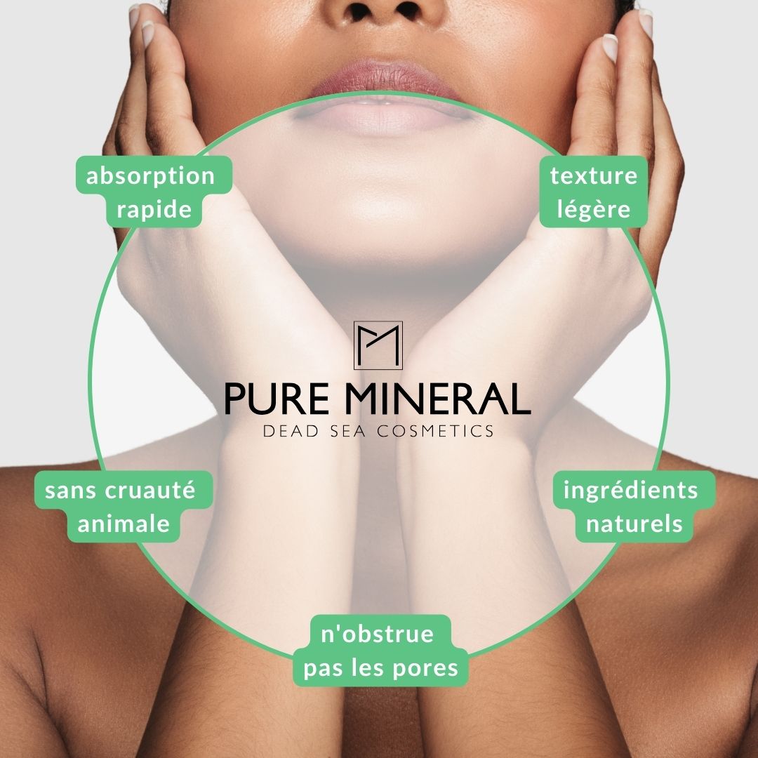 Femme avec les mains sur le visage. Texte : absorption rapide, texture légère, sans cruauté, ingrédients naturels.