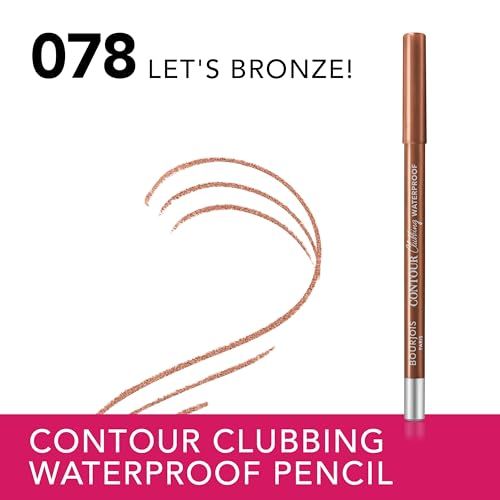 Ein bronzefarbener Konturenstift mit silberner Spitze und Kappe. Der Stift ist mit 'Bourjois Contour Clubbing Waterproof' beschriftet. Daneben sind bronzefarbene Linien zu sehen.